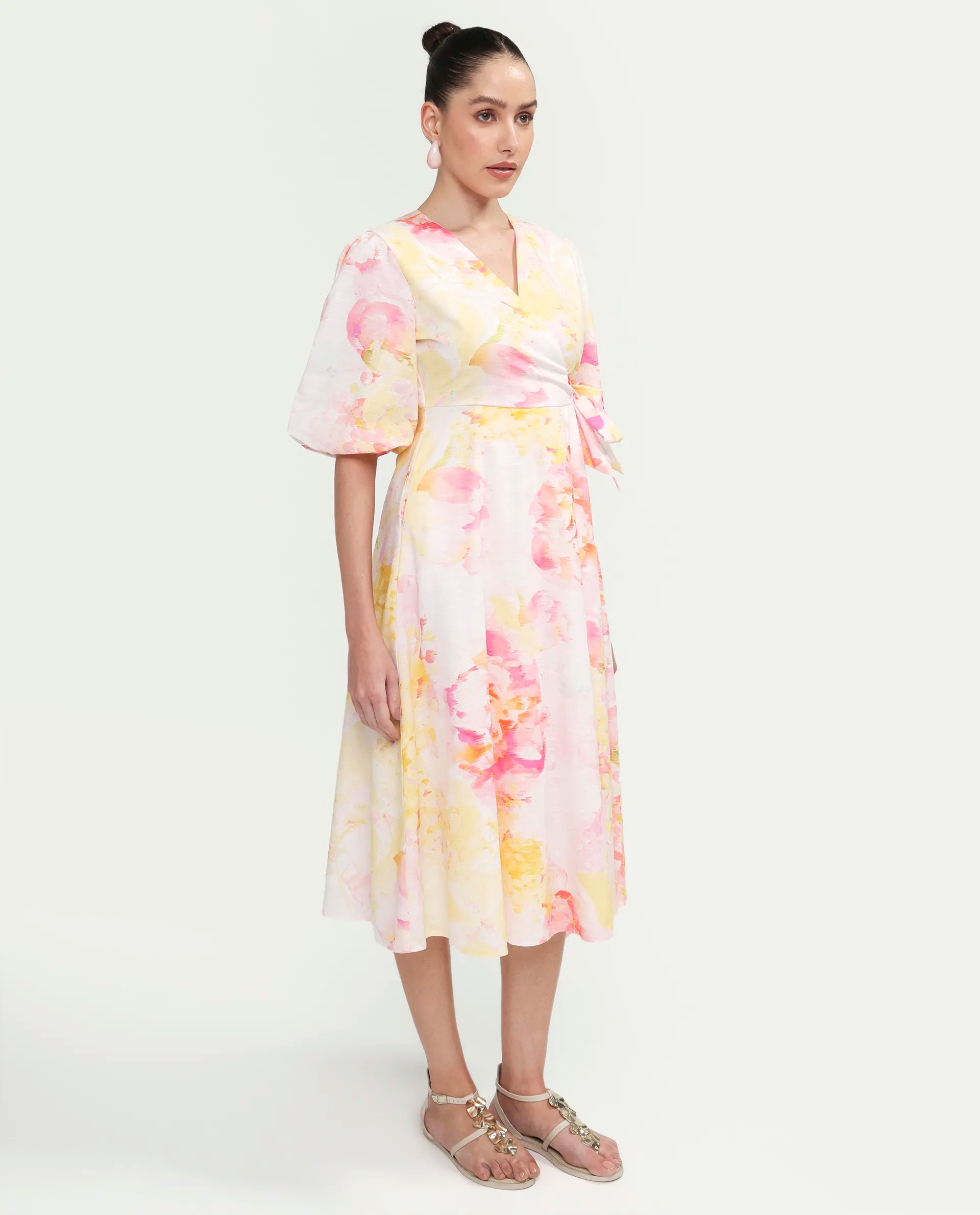 Rareism Women's Mizi Multi Cotton Half Sleeve Over Lap Flared Floral Print Dress