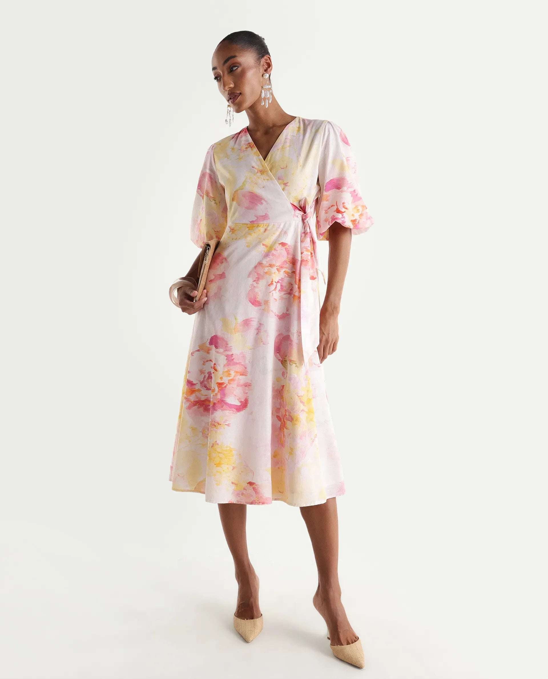 Rareism Women's Mizi Multi Cotton Half Sleeve Over Lap Flared Floral Print Dress