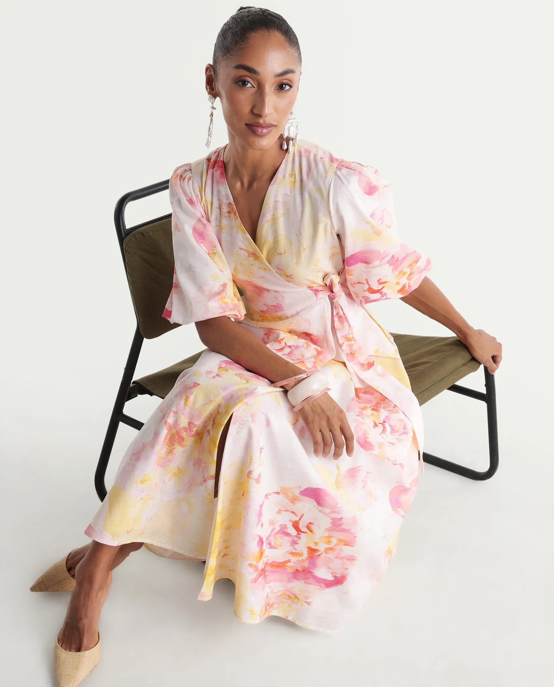 Rareism Women's Mizi Multi Cotton Half Sleeve Over Lap Flared Floral Print Dress