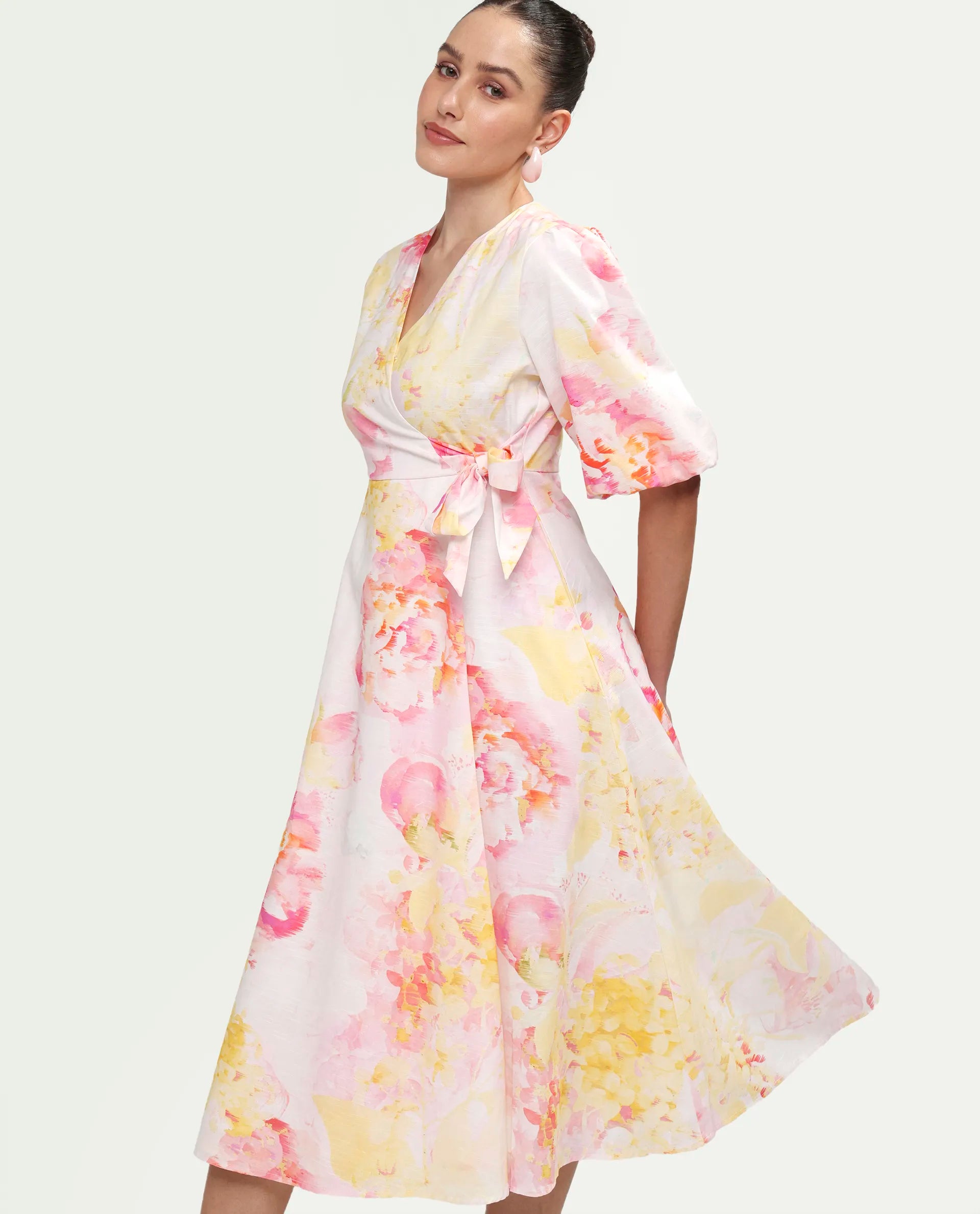 Rareism Women's Mizi Multi Cotton Half Sleeve Over Lap Flared Floral Print Dress