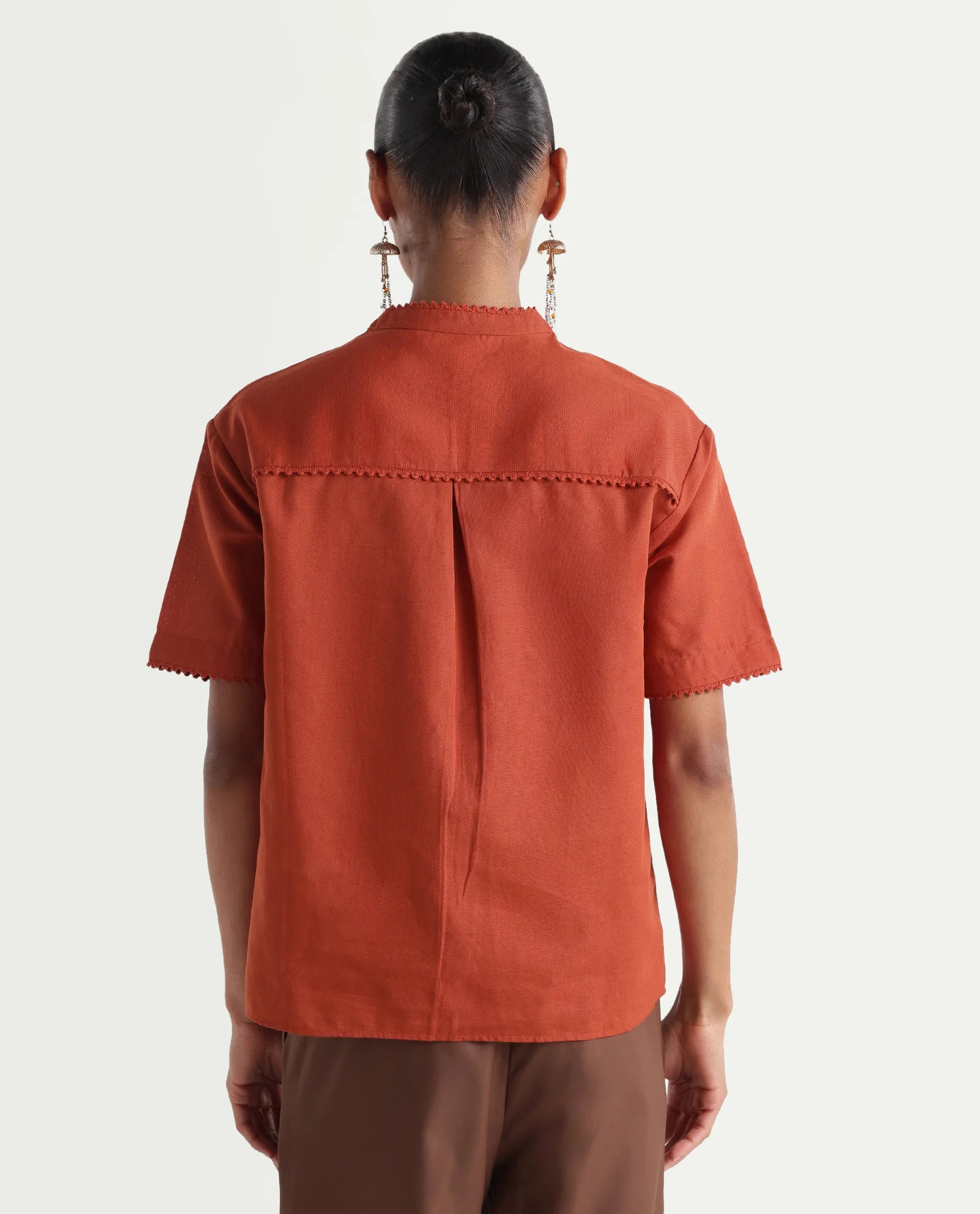 Rareism Women's Mony Rust Cotton Blend Half Sleeve Mandarin Collar Regular Top