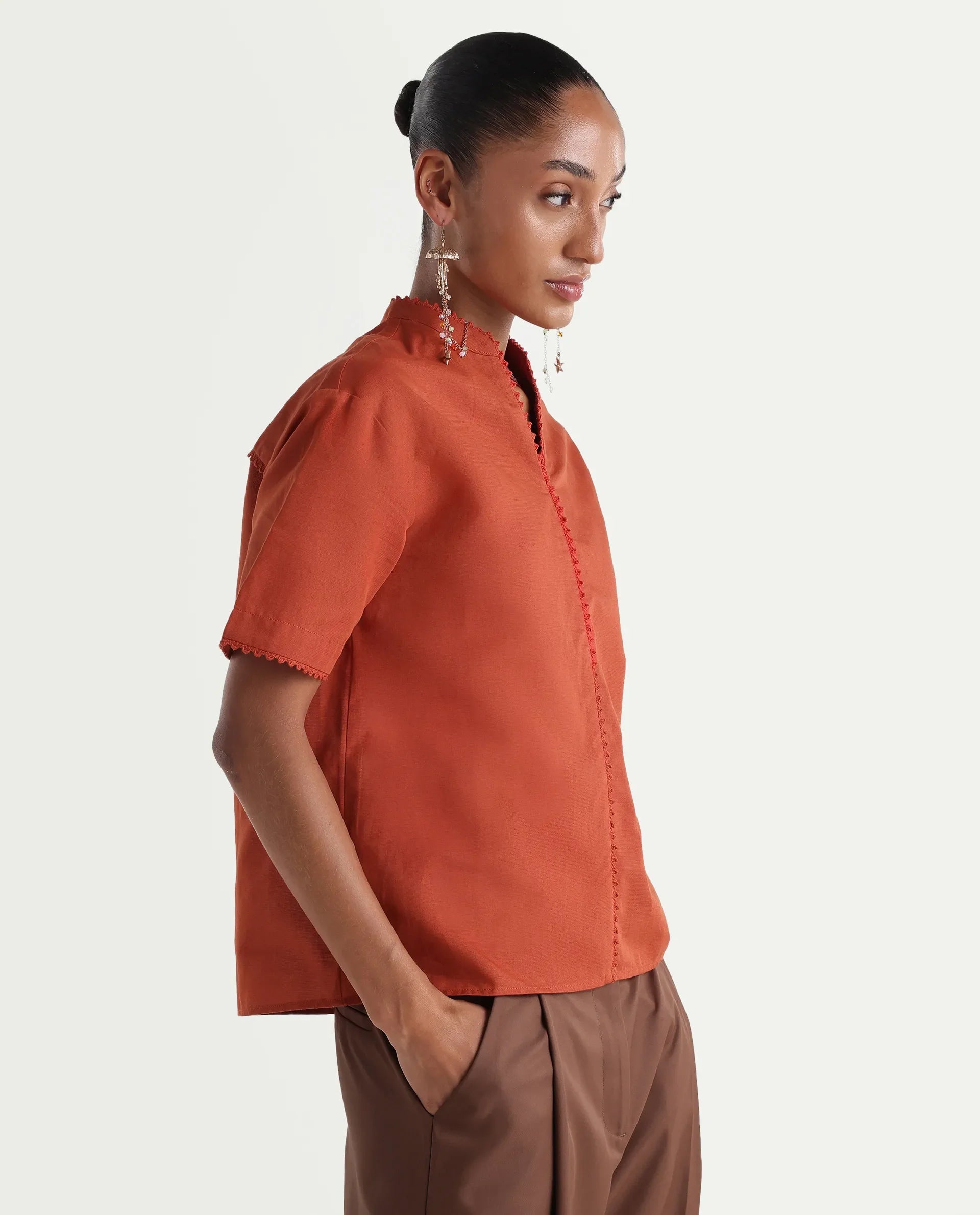 Rareism Women's Mony Rust Cotton Blend Half Sleeve Mandarin Collar Regular Top