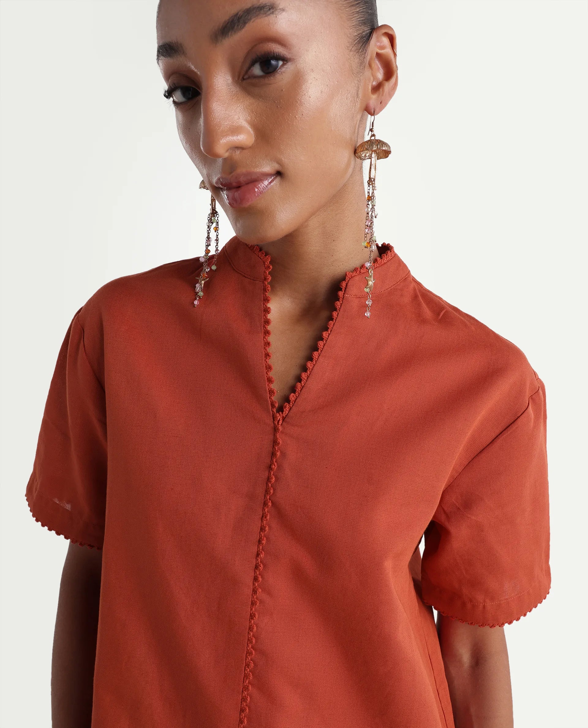 Rareism Women's Mony Rust Cotton Blend Half Sleeve Mandarin Collar Regular Top