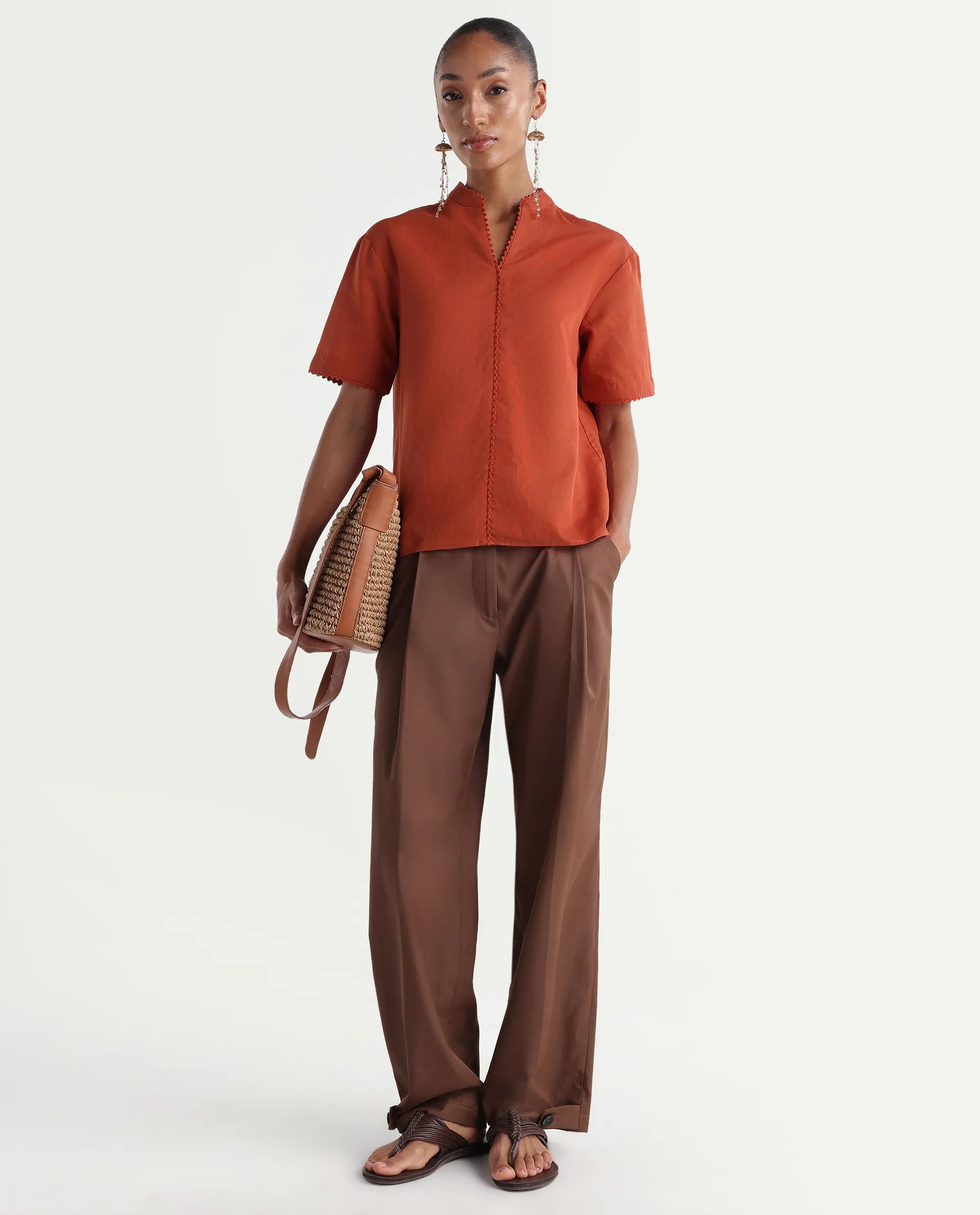 Rareism Women's Mony Rust Cotton Blend Half Sleeve Mandarin Collar Regular Top