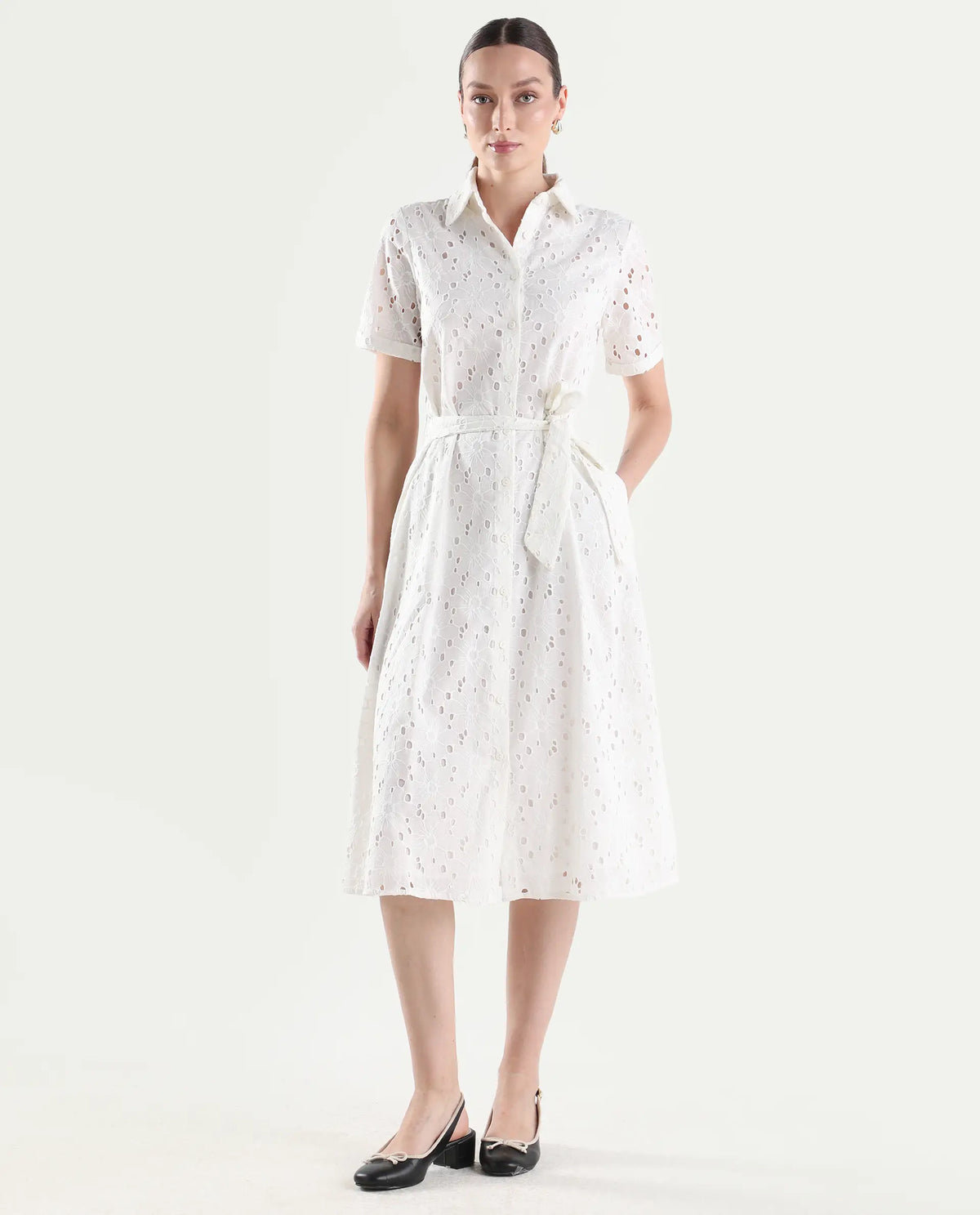 Rareism Women's Rahi Primary White Cotton Half Sleeve Spread Collar A-Line Plain Dress