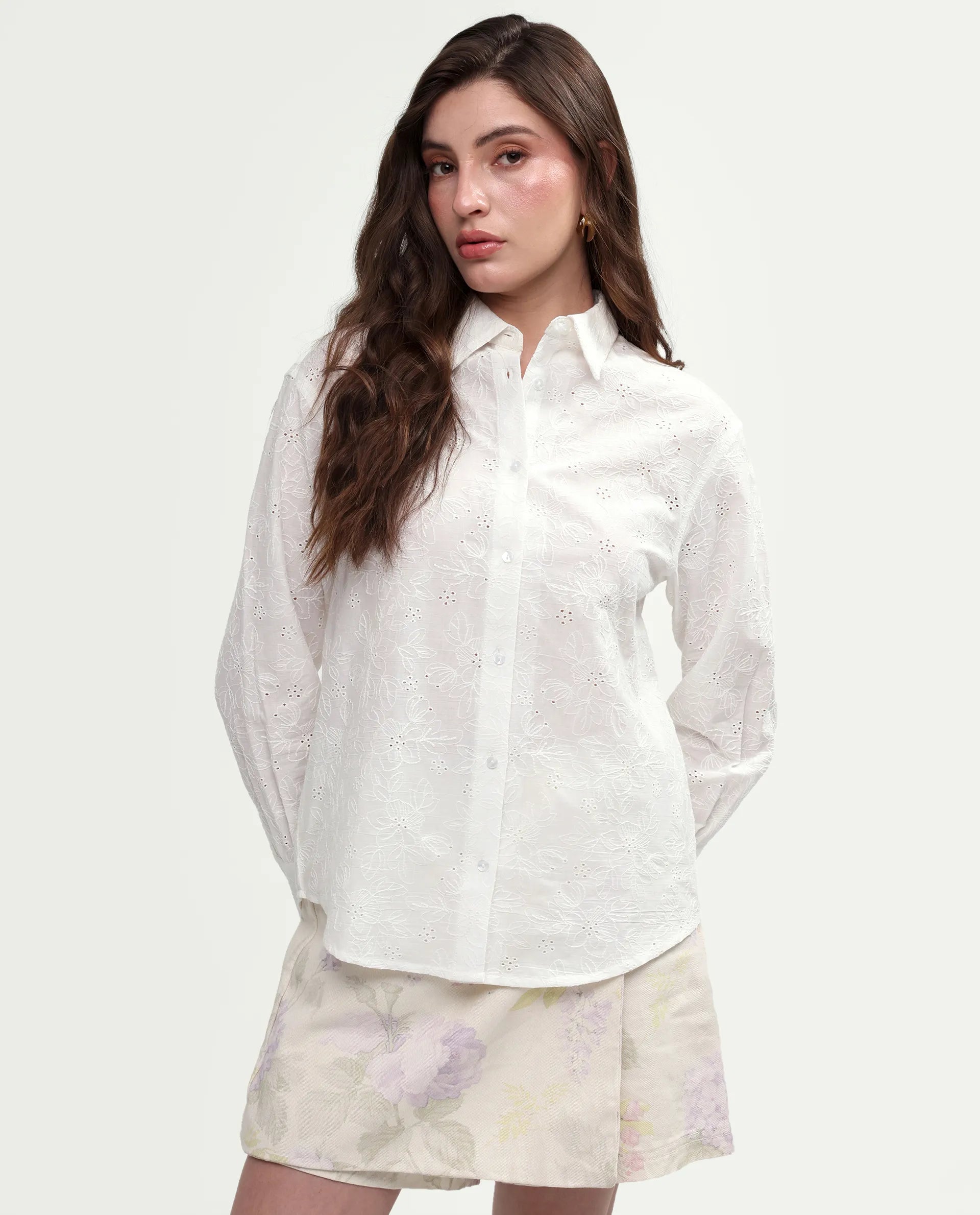 Rareism Women's Ruco Primary White Cotton Full Sleeve Spread Collar Relaxed Fit Shirt