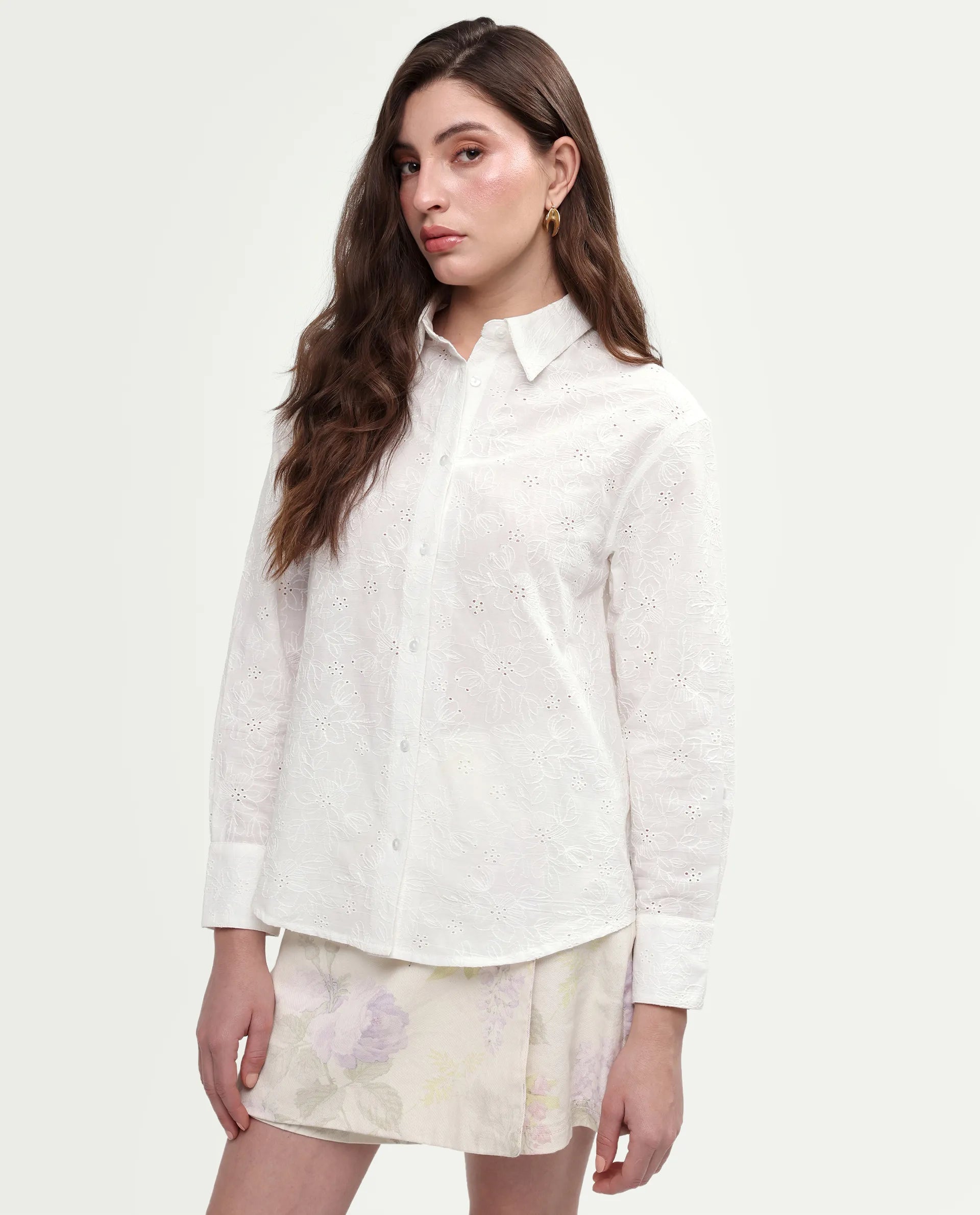 Rareism Women's Ruco Primary White Cotton Full Sleeve Spread Collar Relaxed Fit Shirt