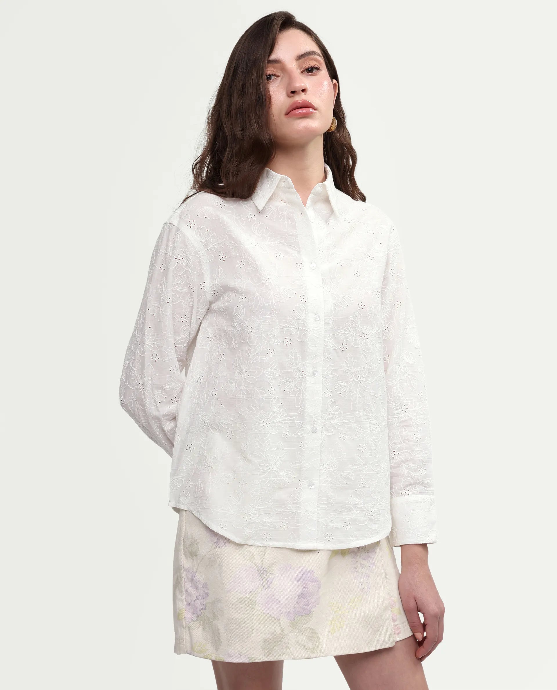 Rareism Women's Ruco Primary White Cotton Full Sleeve Spread Collar Relaxed Fit Shirt