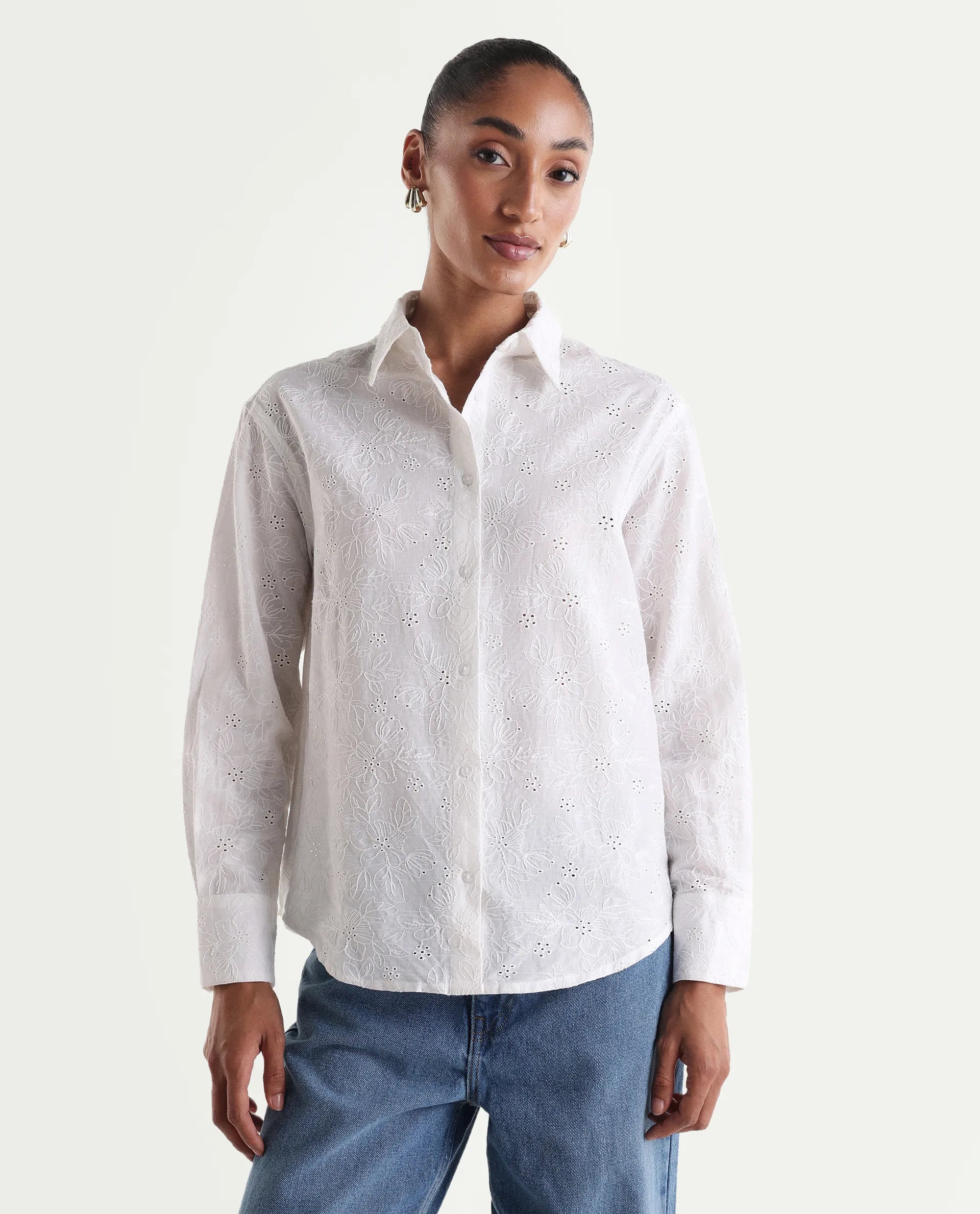 Rareism Women's Ruco Primary White Cotton Full Sleeve Spread Collar Relaxed Fit Shirt