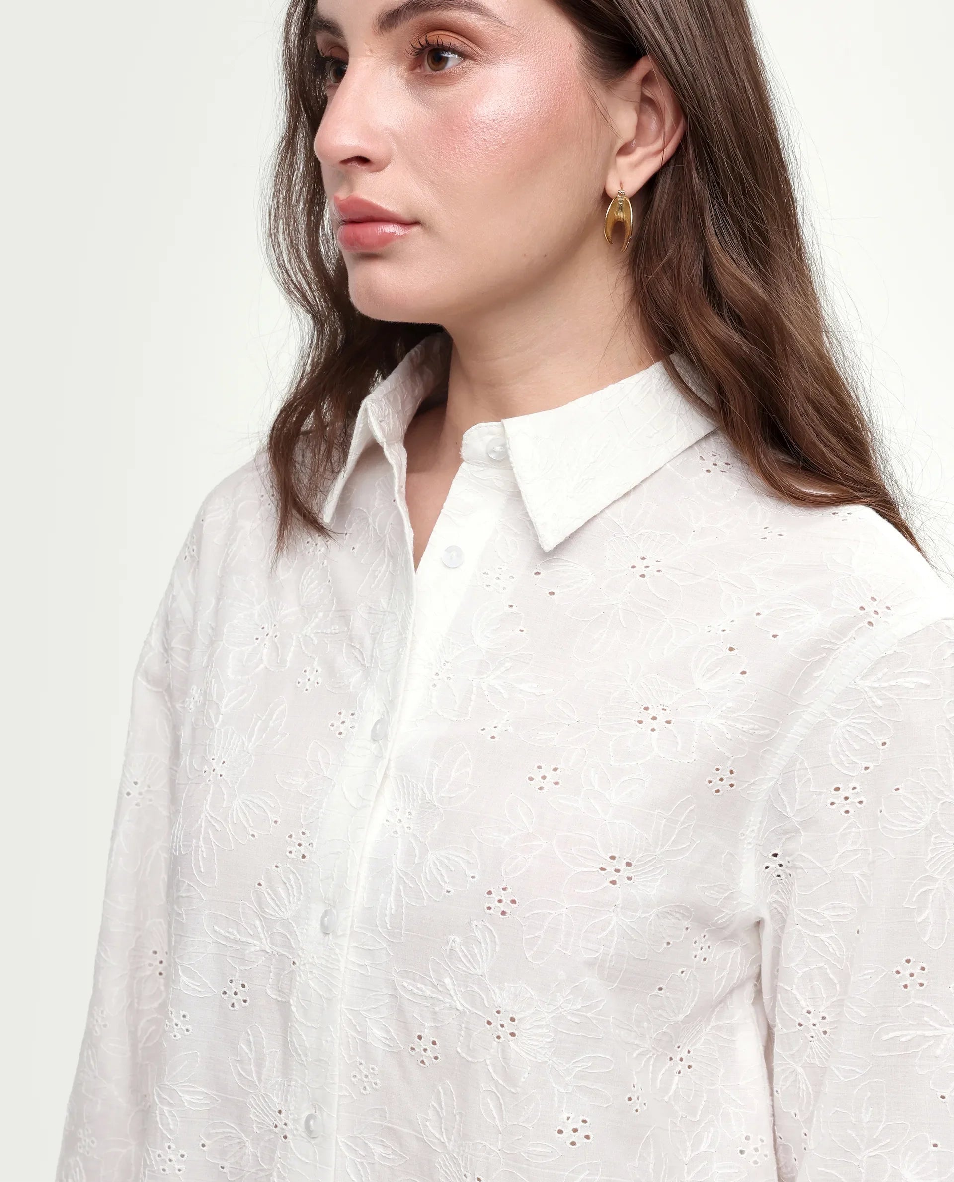 Rareism Women's Ruco Primary White Cotton Full Sleeve Spread Collar Relaxed Fit Shirt