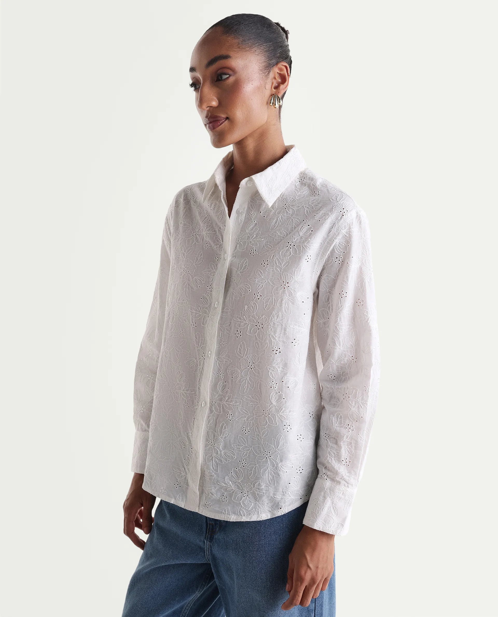 Rareism Women's Ruco Primary White Cotton Full Sleeve Spread Collar Relaxed Fit Shirt