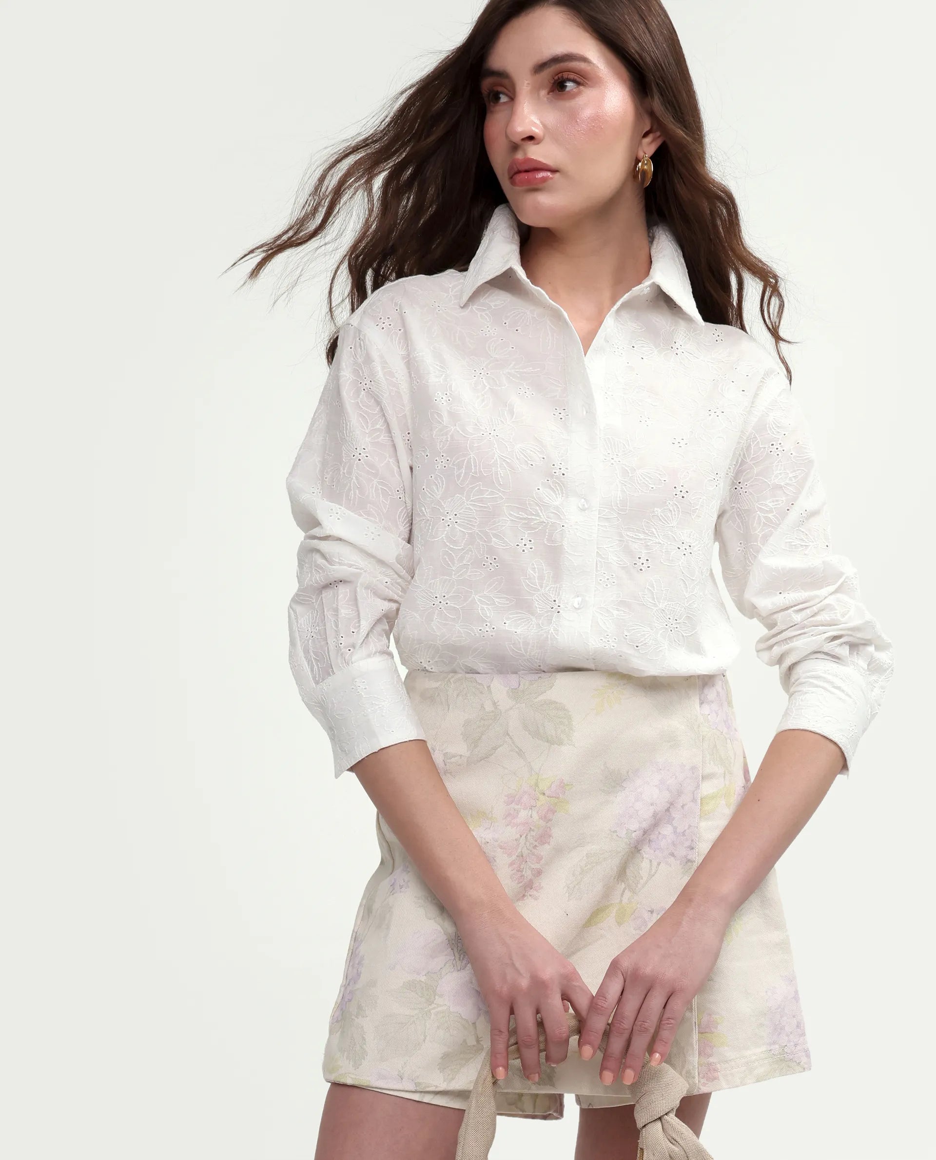 Rareism Women's Ruco Primary White Cotton Full Sleeve Spread Collar Relaxed Fit Shirt