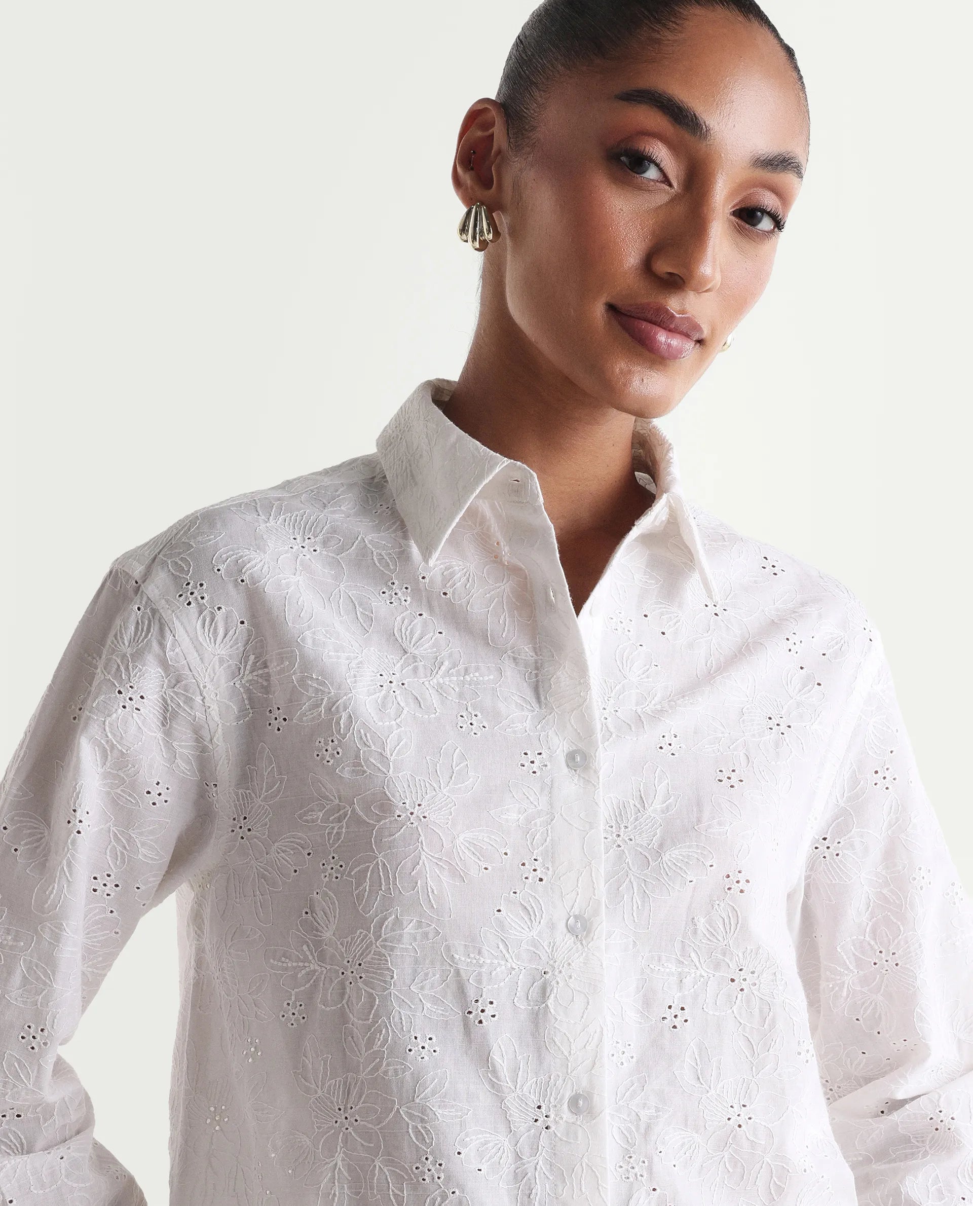 Rareism Women's Ruco Primary White Cotton Full Sleeve Spread Collar Relaxed Fit Shirt