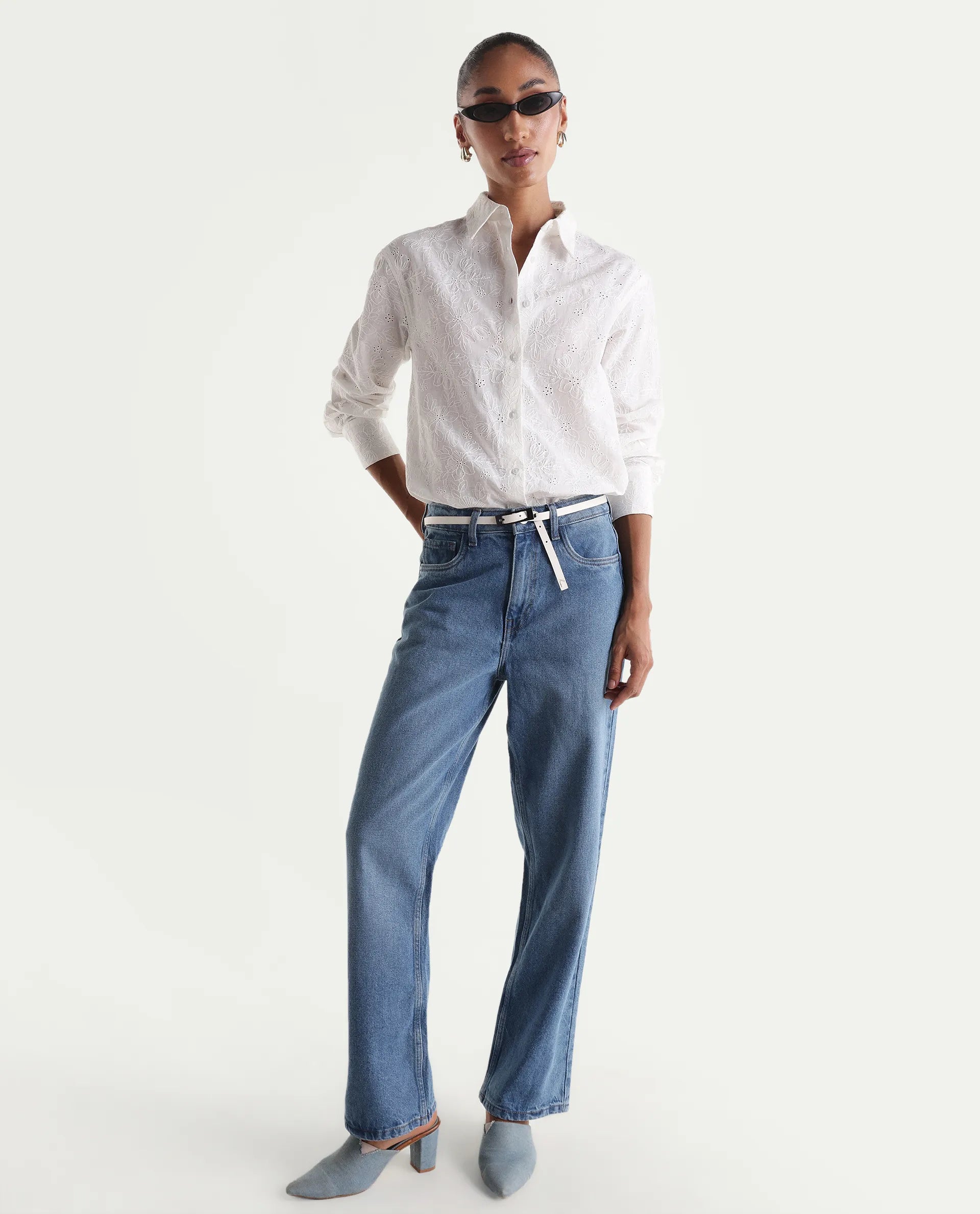 Rareism Women's Ruco Primary White Cotton Full Sleeve Spread Collar Relaxed Fit Shirt