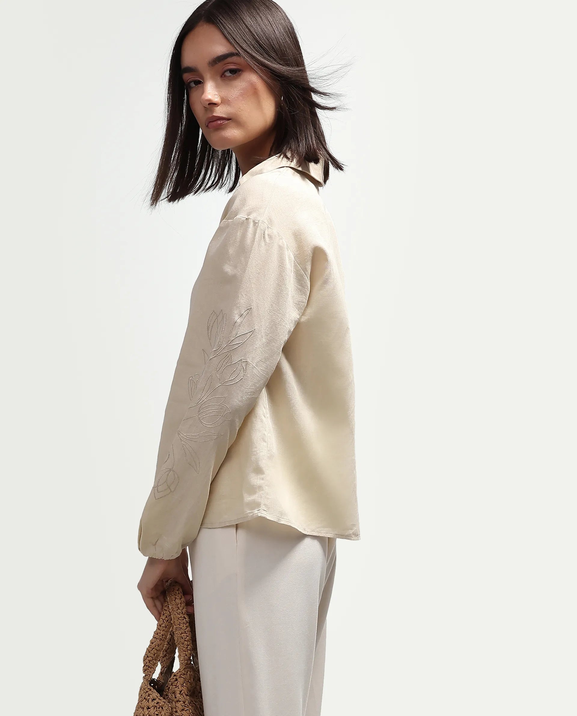 Rareism Women's Ruemb Beige Linen Blend Johnny Collar Relaxed Plain Top
