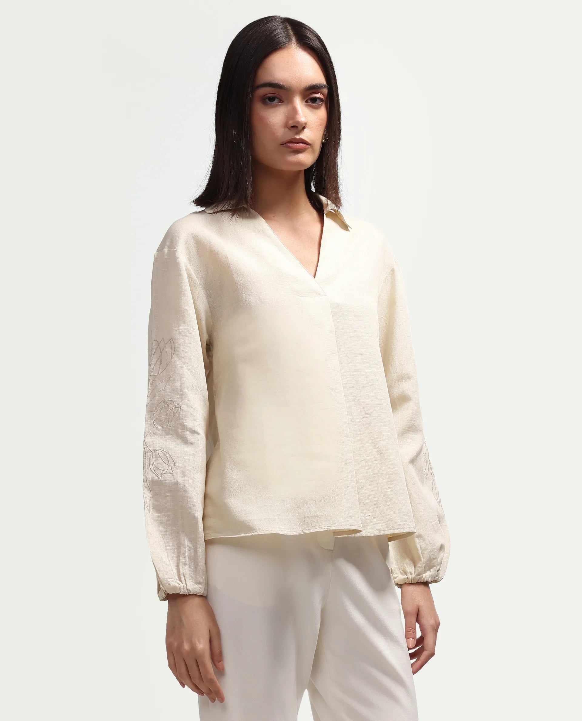 Rareism Women's Ruemb Beige Linen Blend Johnny Collar Relaxed Plain Top