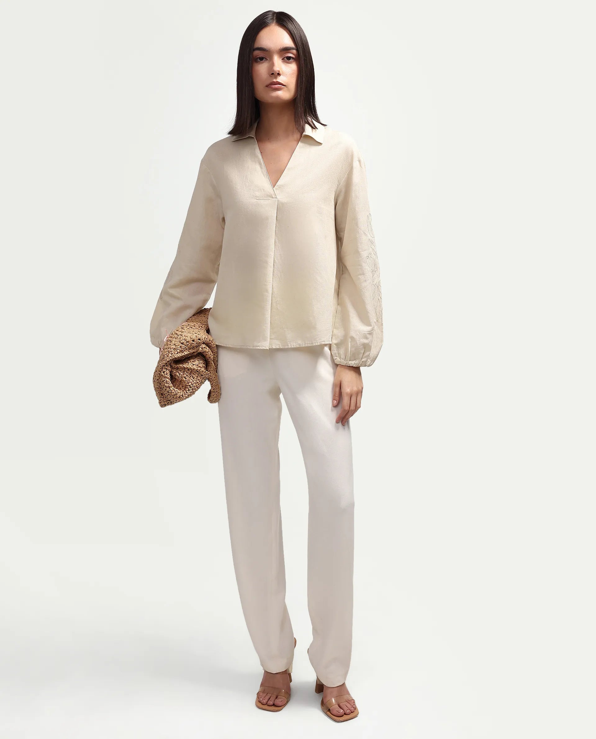 Rareism Women's Ruemb Beige Linen Blend Johnny Collar Relaxed Plain Top