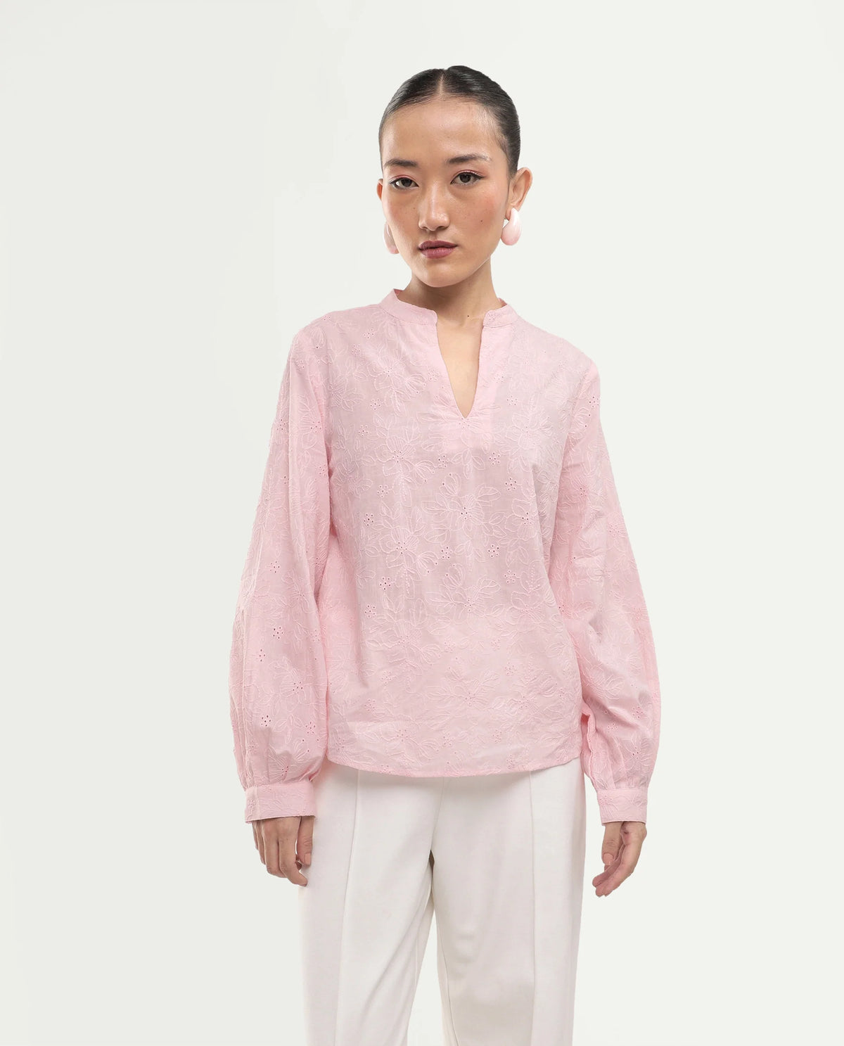 Rareism Women's Rufo Pastel Pink Cotton Full Sleeve Band Collar Regular Fit Top
