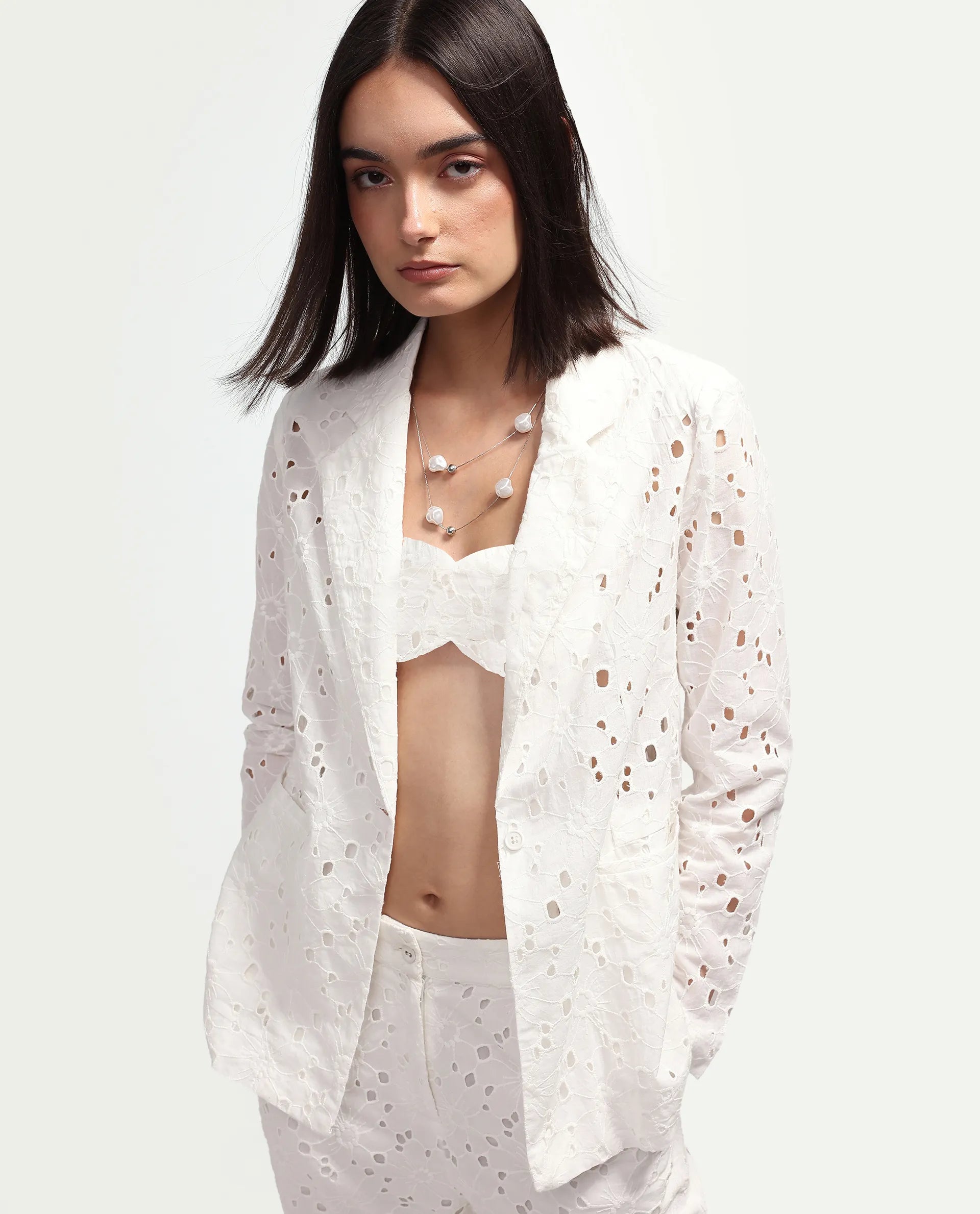 Rareism Women's Rumon Primary White Full Sleeve Lapel Neck Regular Fit Blazer