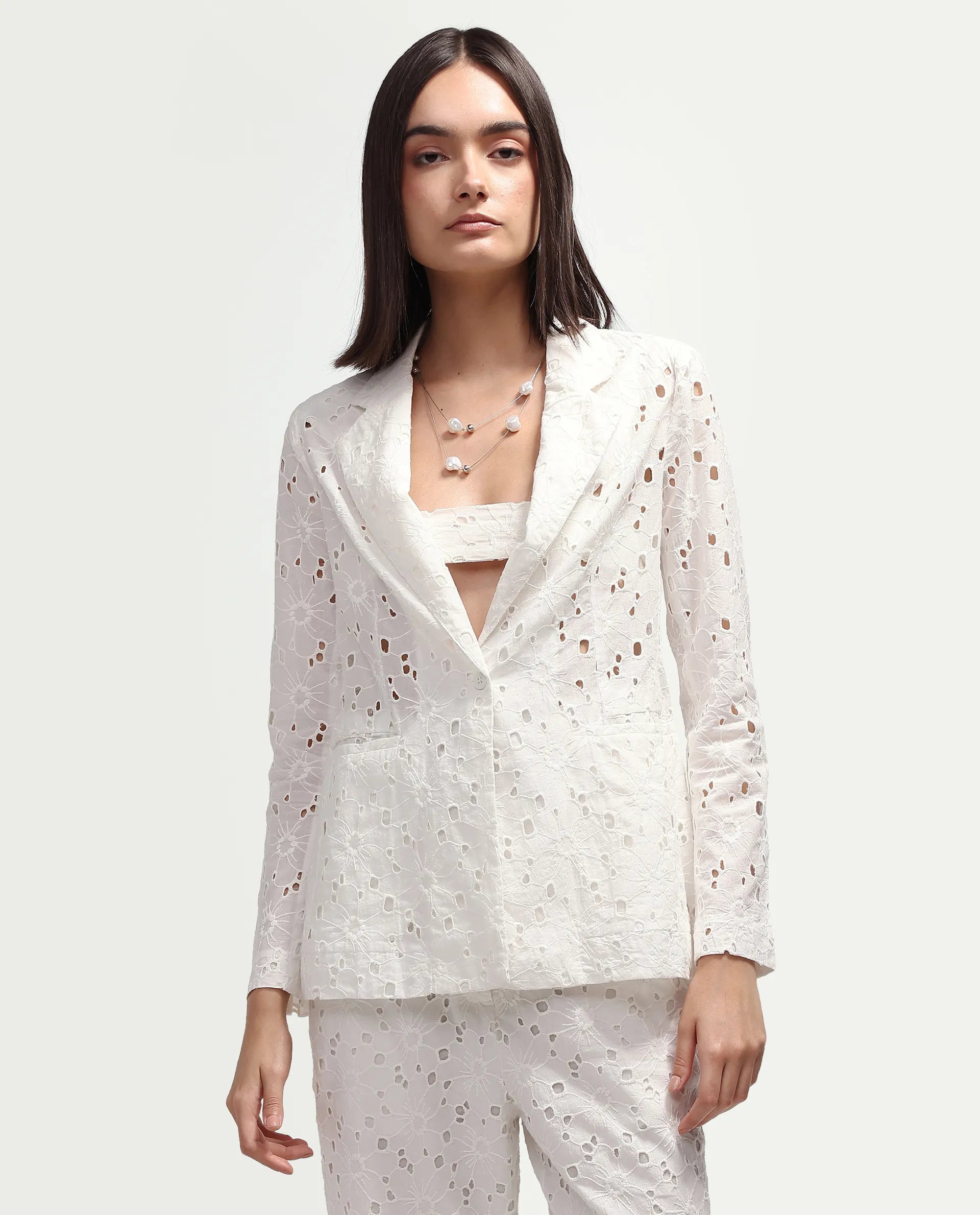 Rareism Women's Rumon Primary White Full Sleeve Lapel Neck Regular Fit Blazer