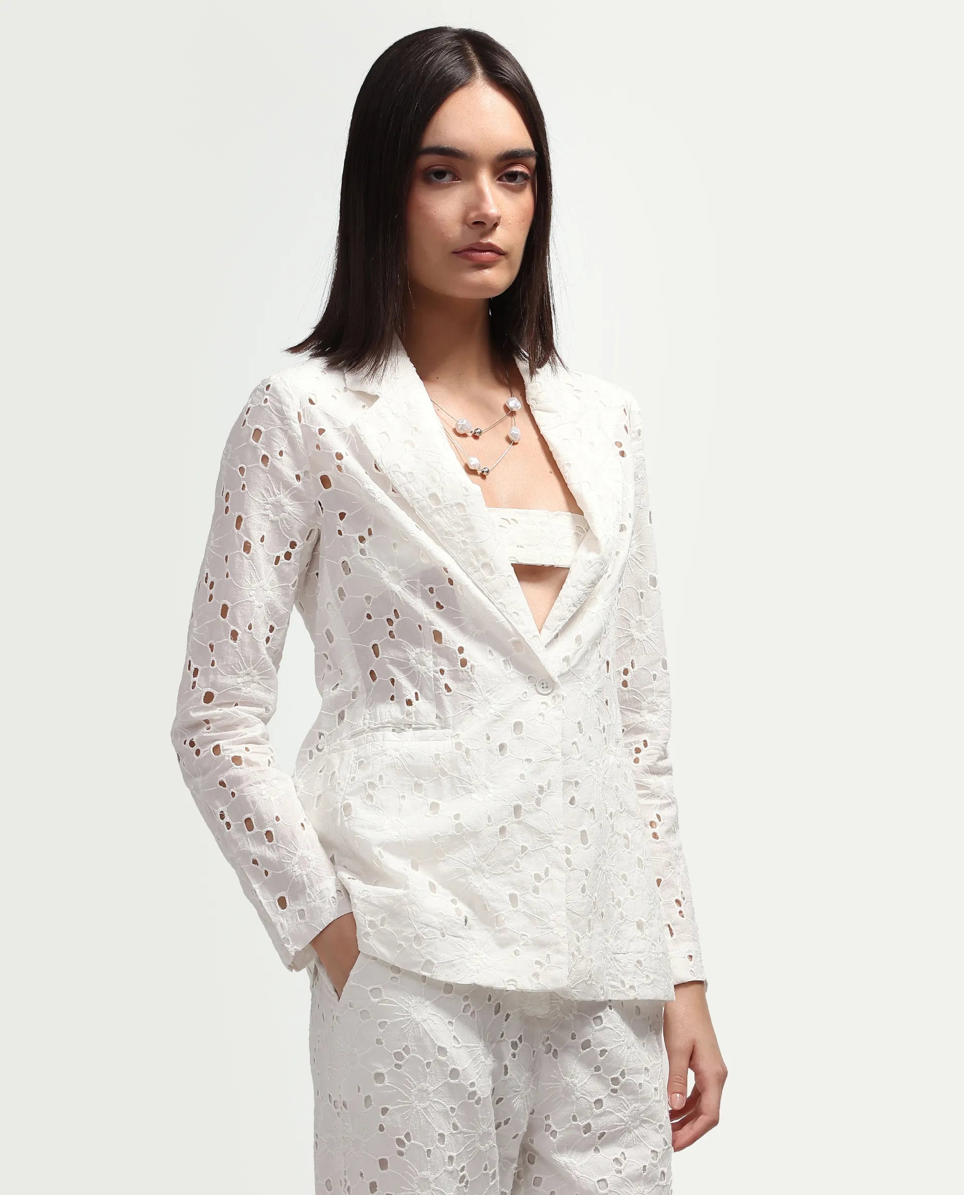 Rareism Women's Rumon Primary White Full Sleeve Lapel Neck Regular Fit Blazer