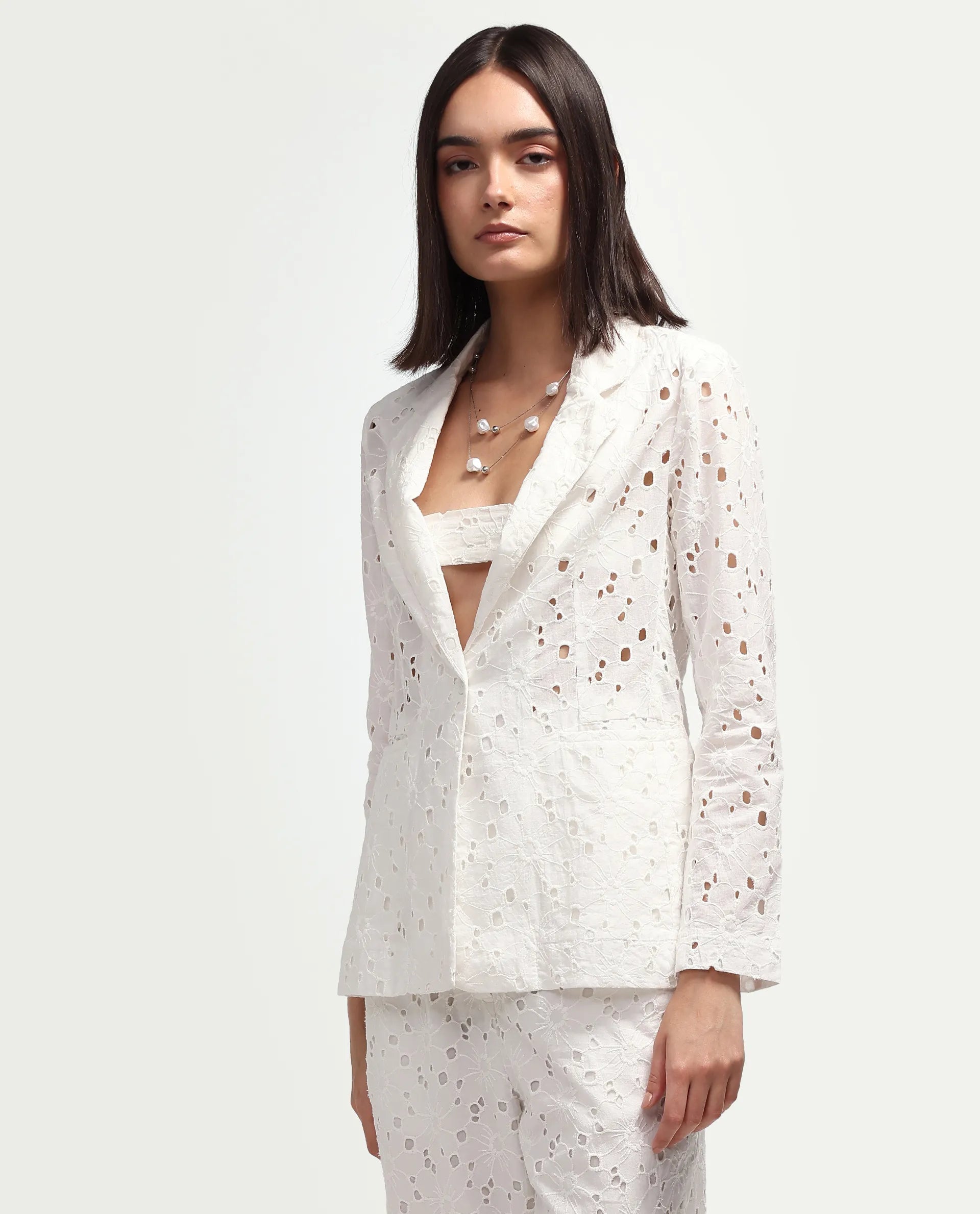 Rareism Women's Rumon Primary White Full Sleeve Lapel Neck Regular Fit Blazer