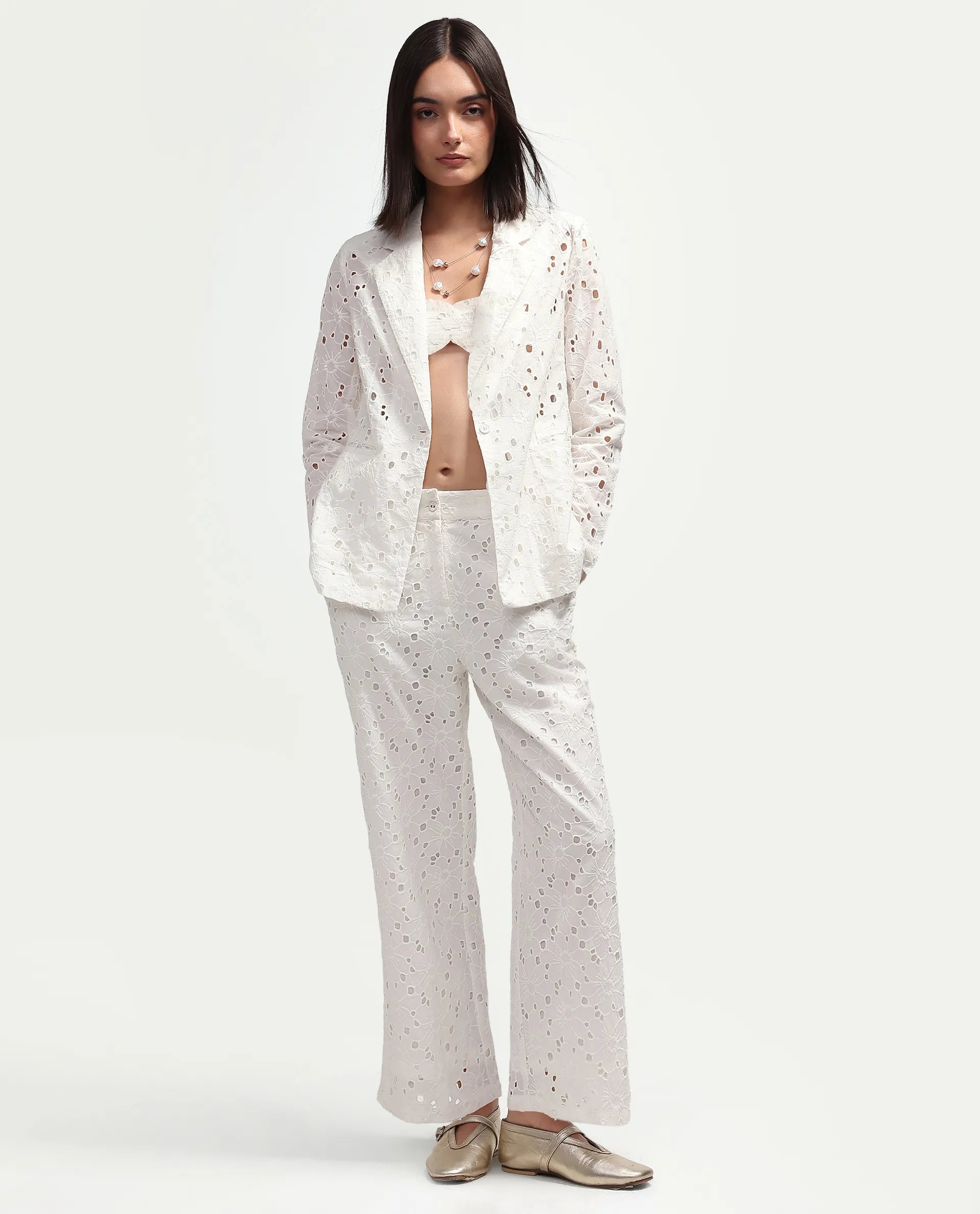 Rareism Women's Rumon Primary White Full Sleeve Lapel Neck Regular Fit Blazer