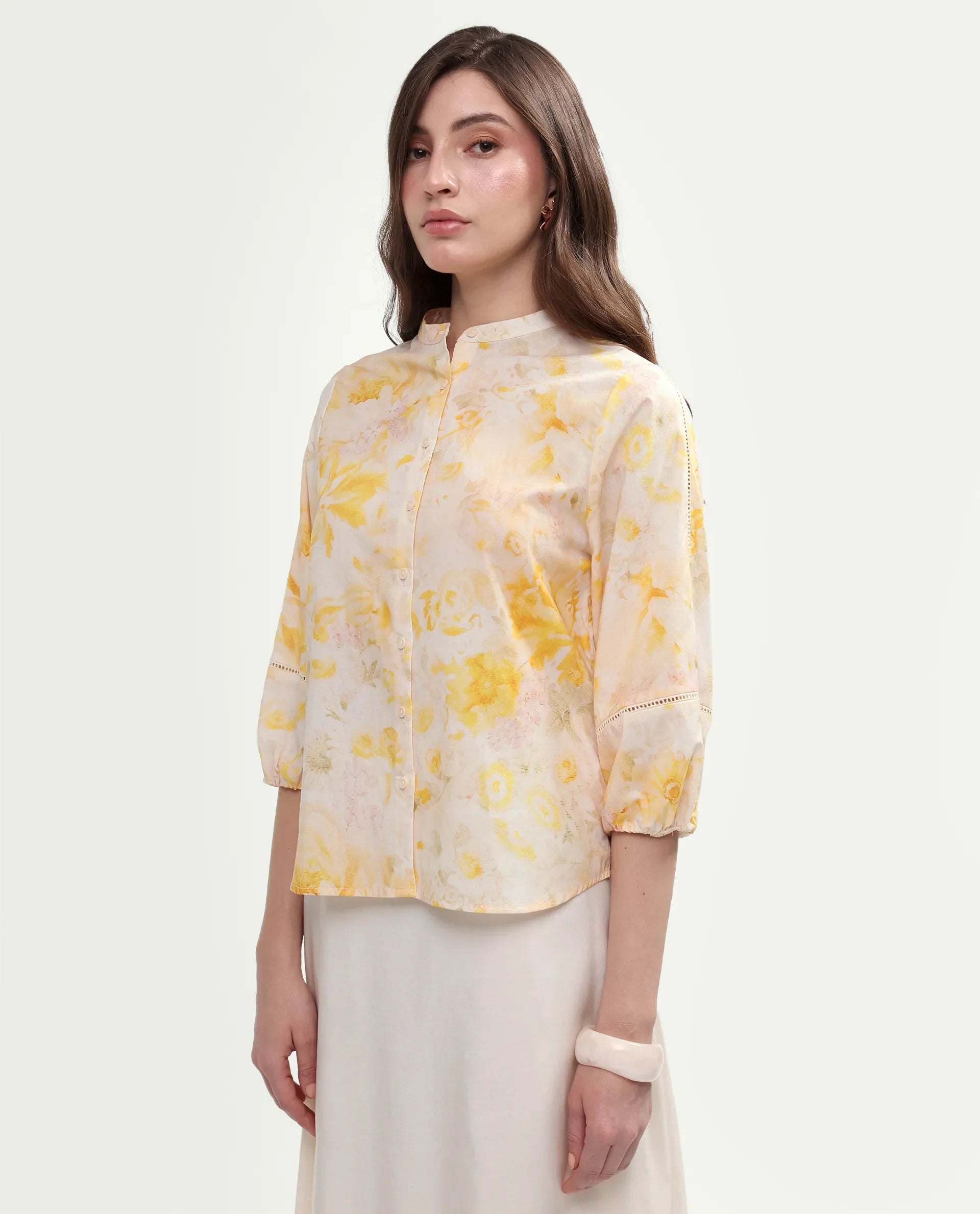 Rareism Women's Runes Yellow Cotton Band Collar Regular Floral Print Top