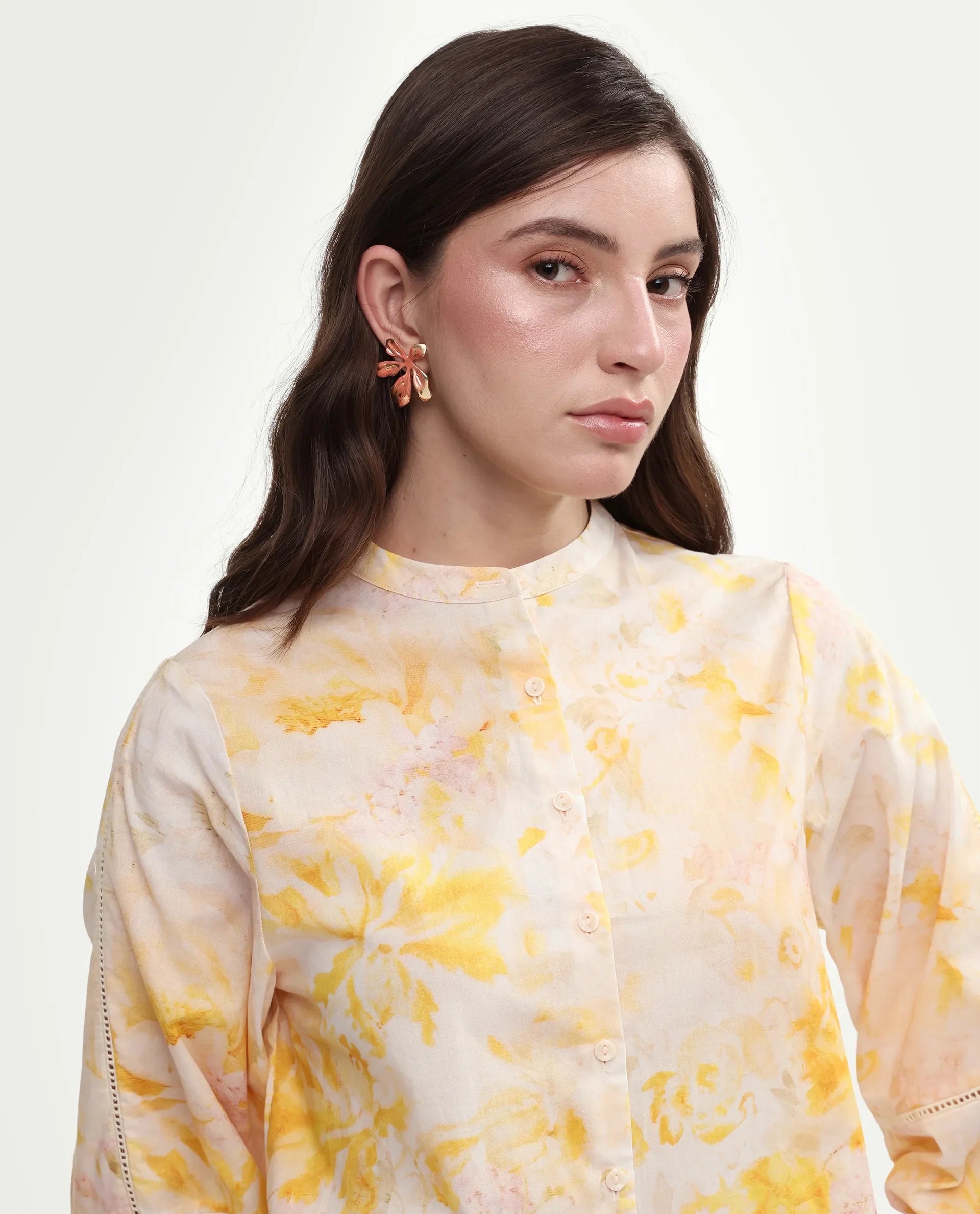 Rareism Women's Runes Yellow Cotton Band Collar Regular Floral Print Top