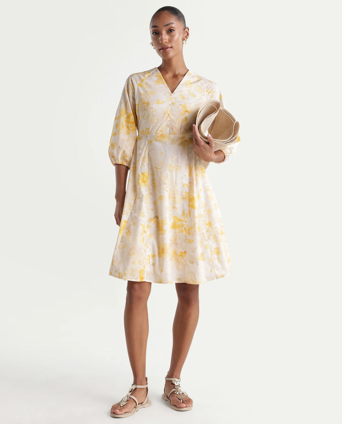 Rareism Women's Runet Yellow Cotton Fabric V-Neck Fit And Flare Floral Print Dress