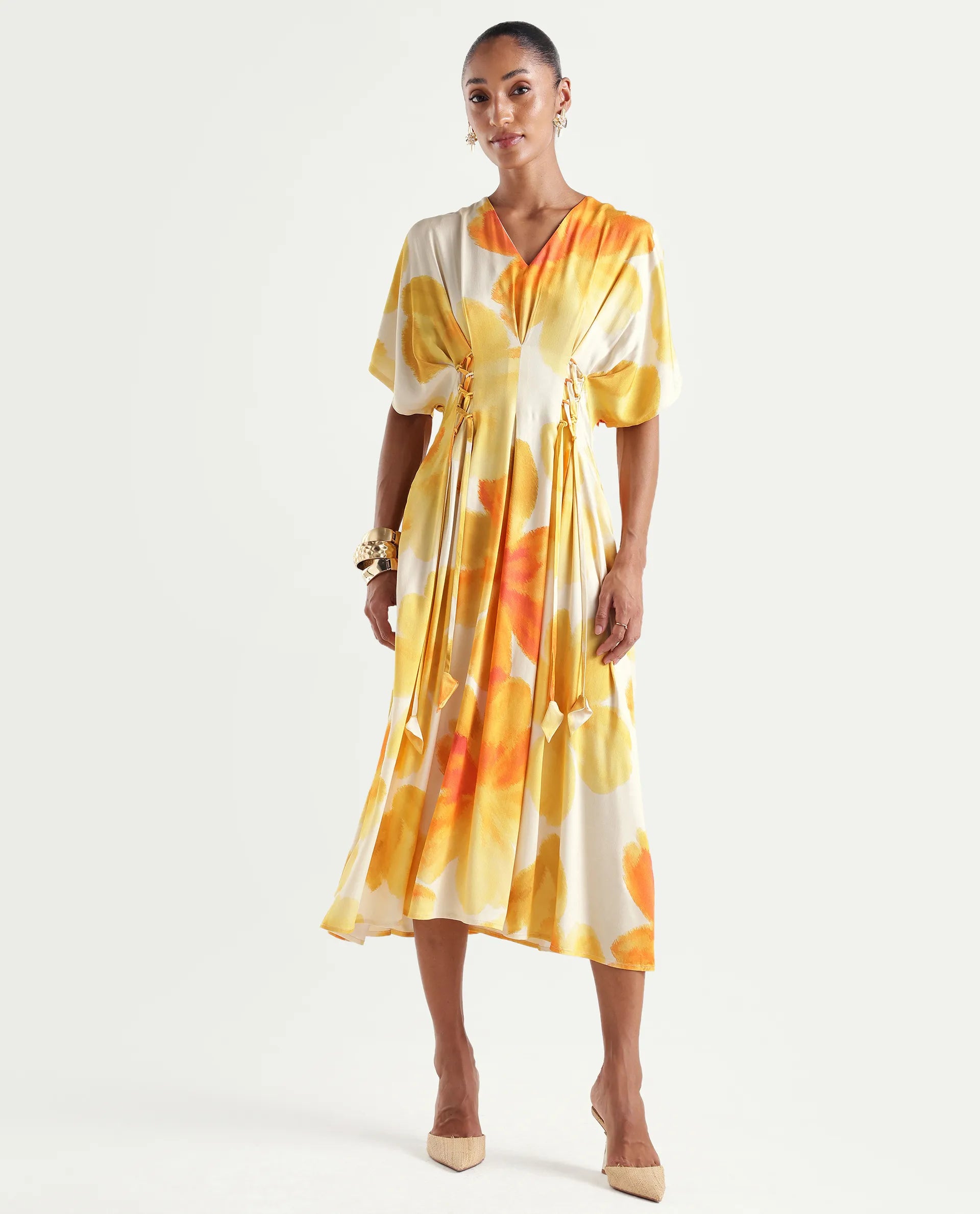 Rareism Women's Ruves Yellow Viscose V-Neck Fit And Flare Floral Print Dress