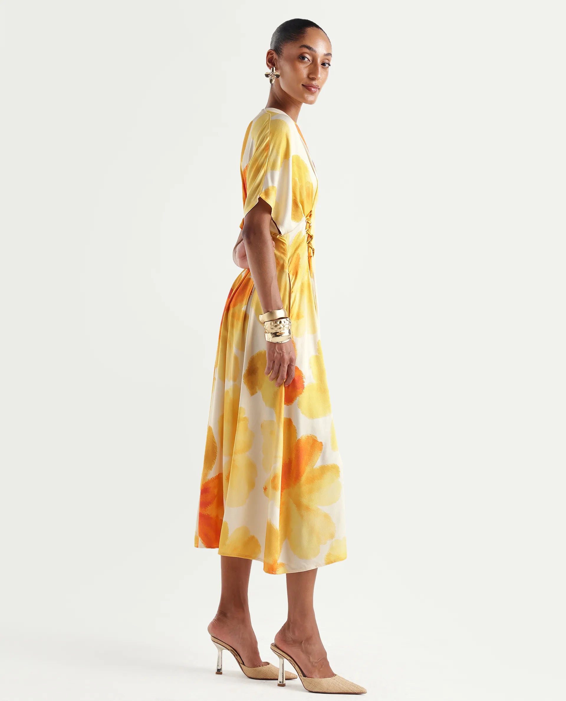 Rareism Women's Ruves Yellow Viscose V-Neck Fit And Flare Floral Print Dress