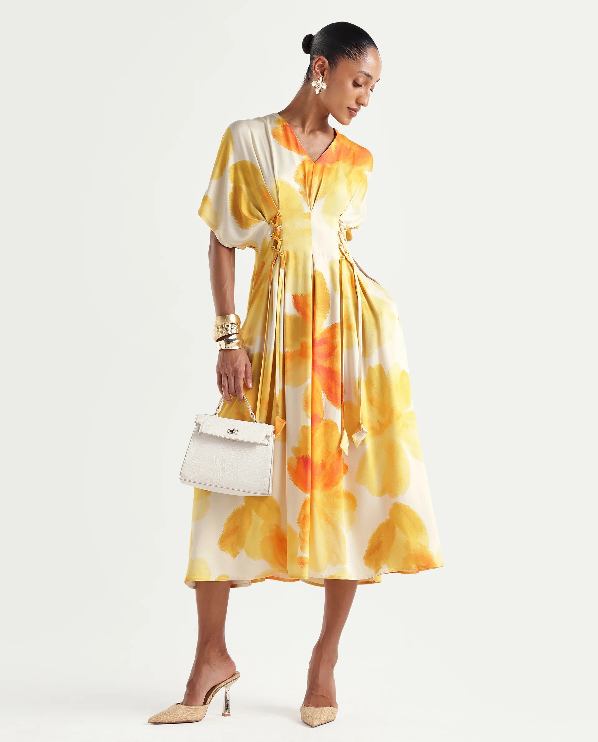 Rareism Women's Ruves Yellow Viscose V-Neck Fit And Flare Floral Print Dress