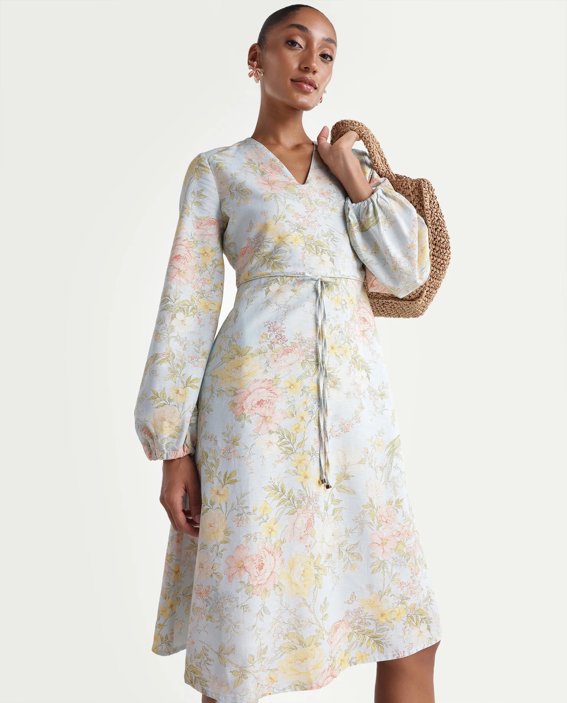 Rareism Women's Ruzim Pastel Blue Viscose Blend Fabric V-Neck Fit And Flare Floral Print Dress