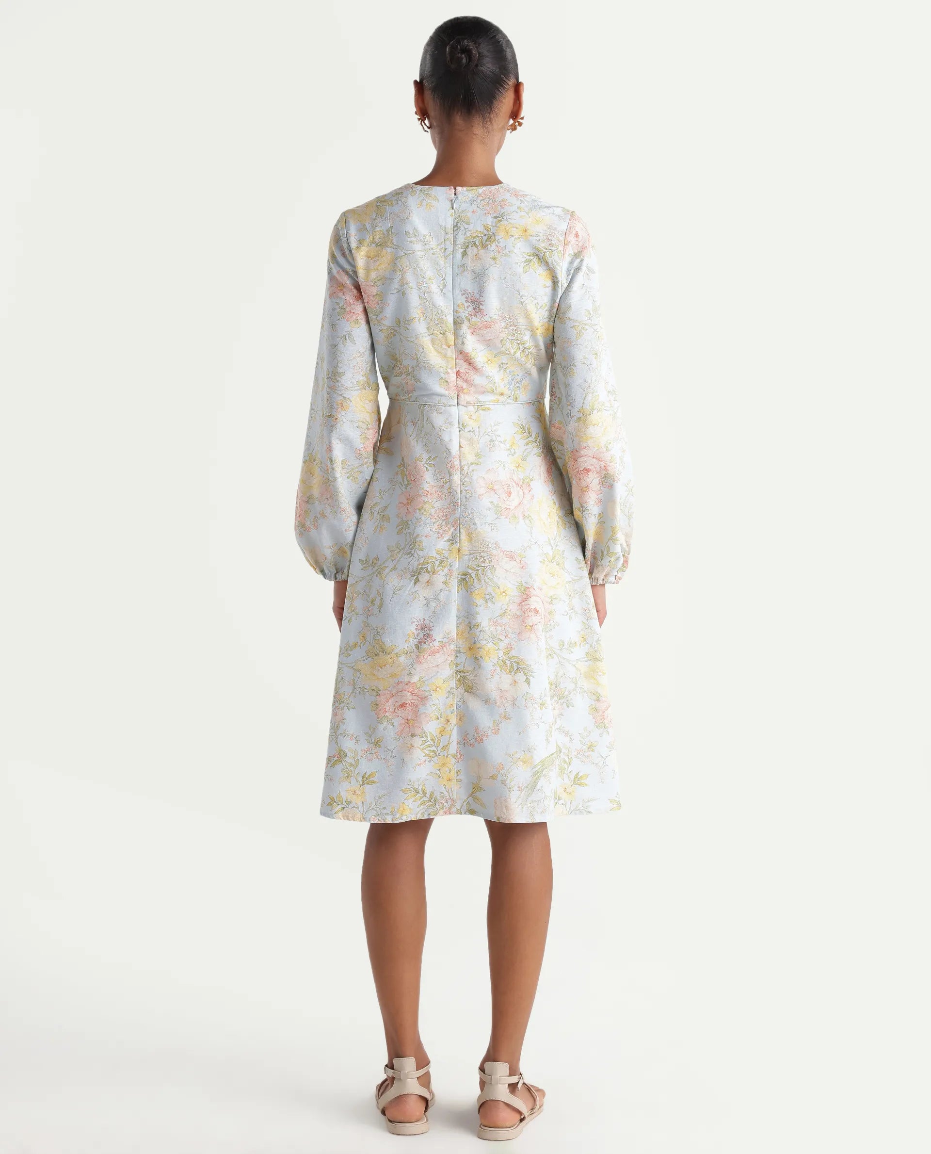 Rareism Women's Ruzim Pastel Blue Viscose Blend Fabric V-Neck Fit And Flare Floral Print Dress