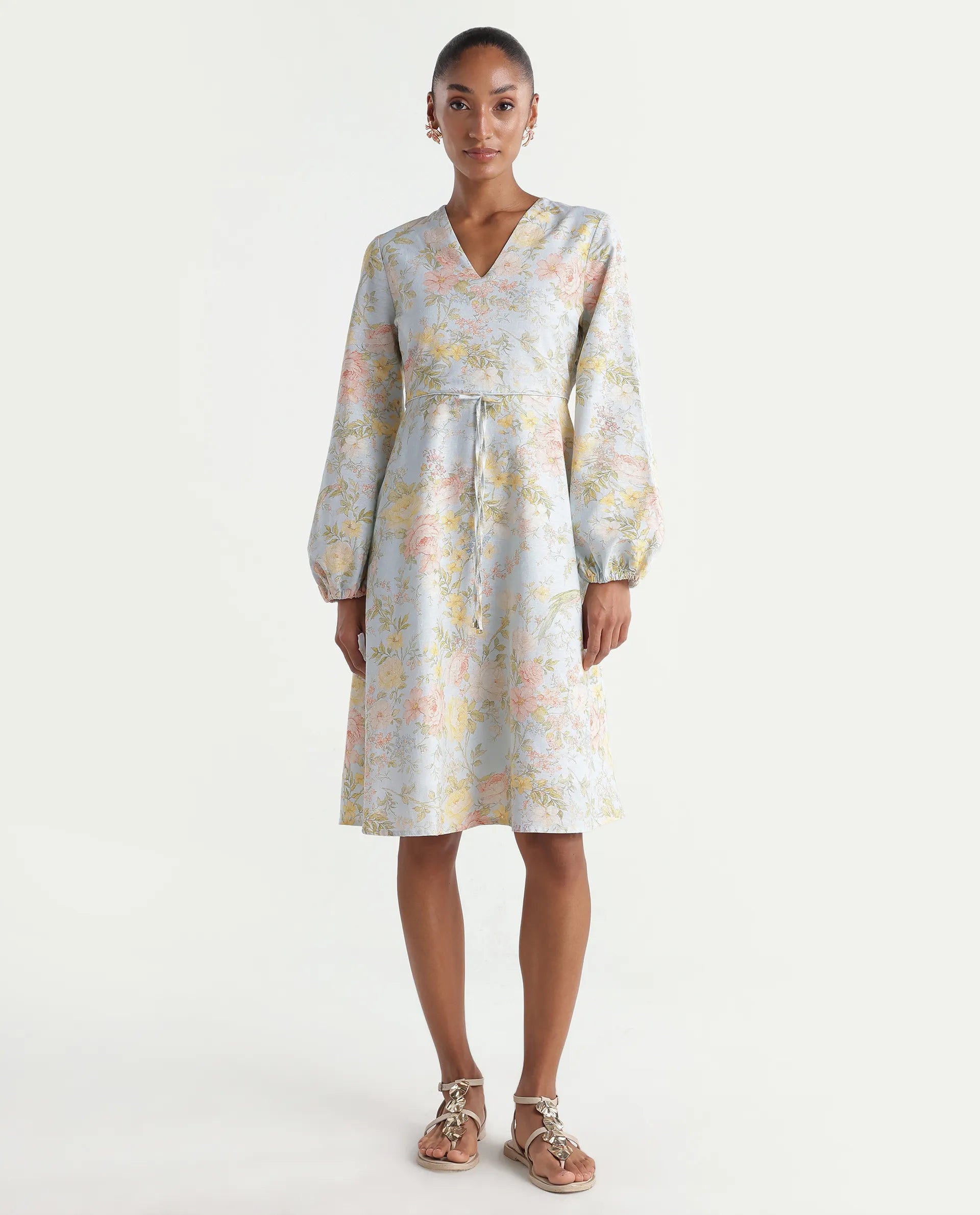 Rareism Women's Ruzim Pastel Blue Viscose Blend Fabric V-Neck Fit And Flare Floral Print Dress