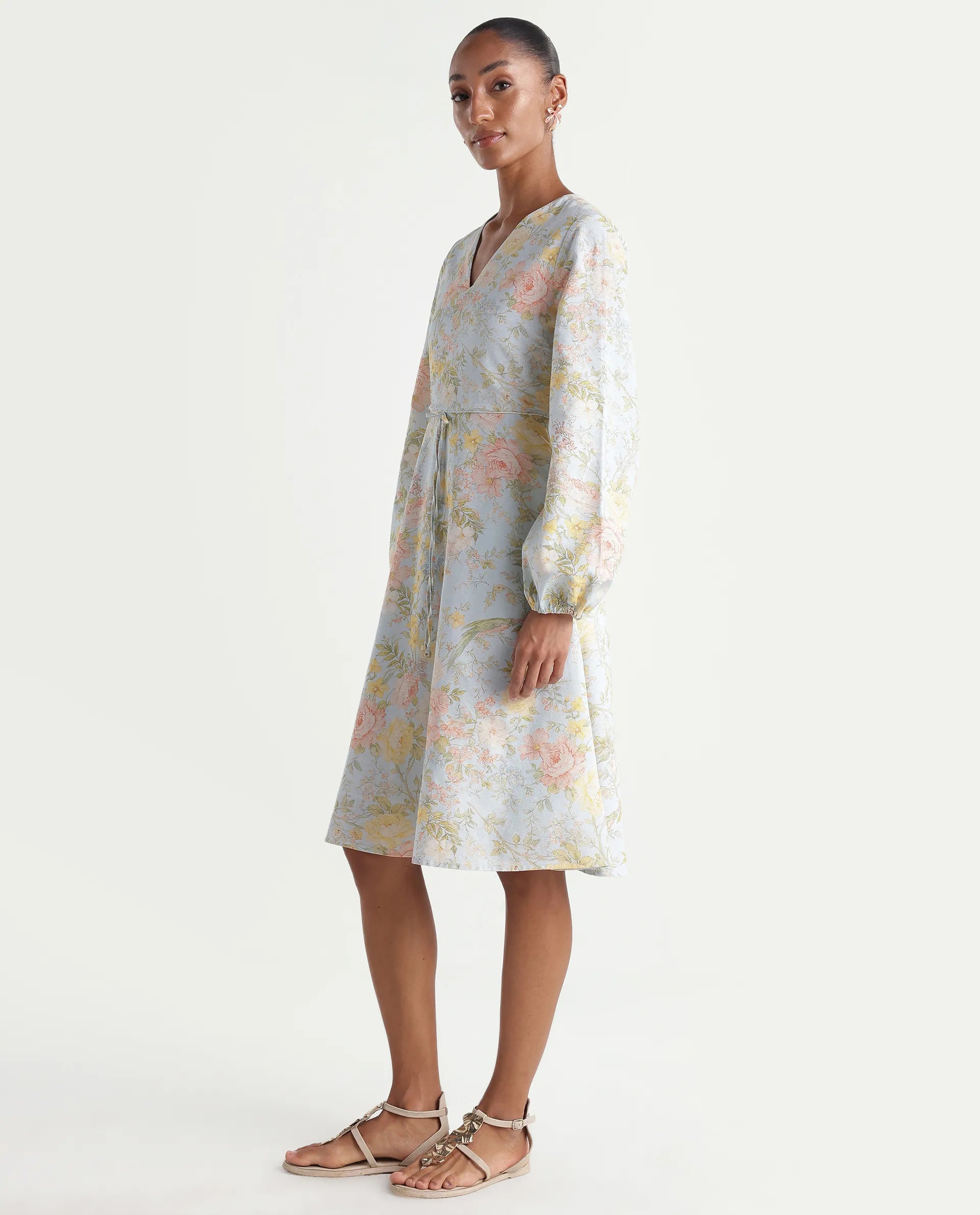 Rareism Women's Ruzim Pastel Blue Viscose Blend Fabric V-Neck Fit And Flare Floral Print Dress