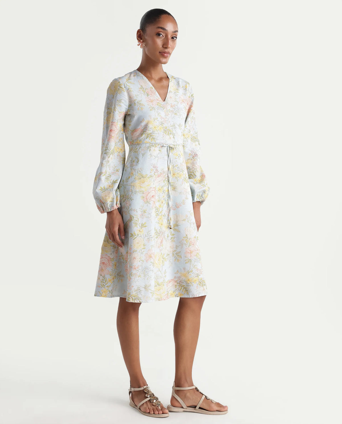 Rareism Women's Ruzim Pastel Blue Viscose Blend Fabric V-Neck Fit And Flare Floral Print Dress