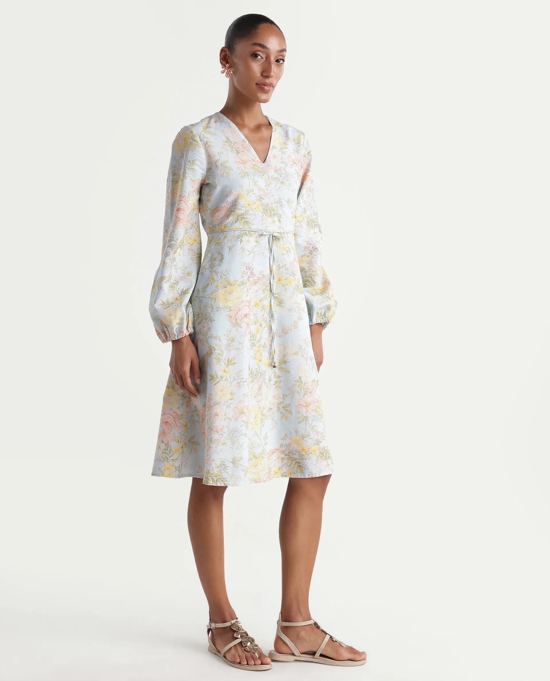 Rareism Women's Ruzim Pastel Blue Viscose Blend Fabric V-Neck Fit And Flare Floral Print Dress