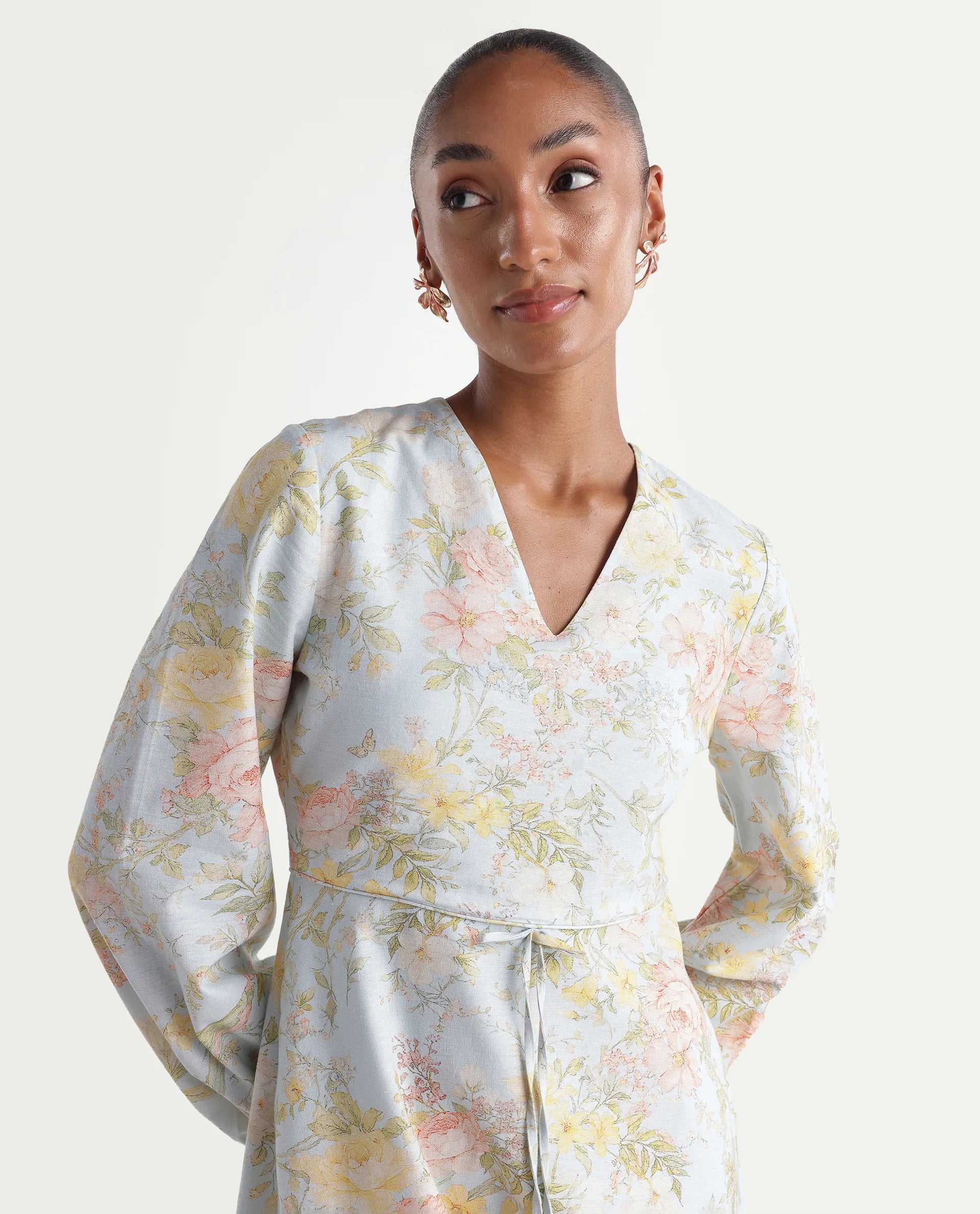 Rareism Women's Ruzim Pastel Blue Viscose Blend Fabric V-Neck Fit And Flare Floral Print Dress