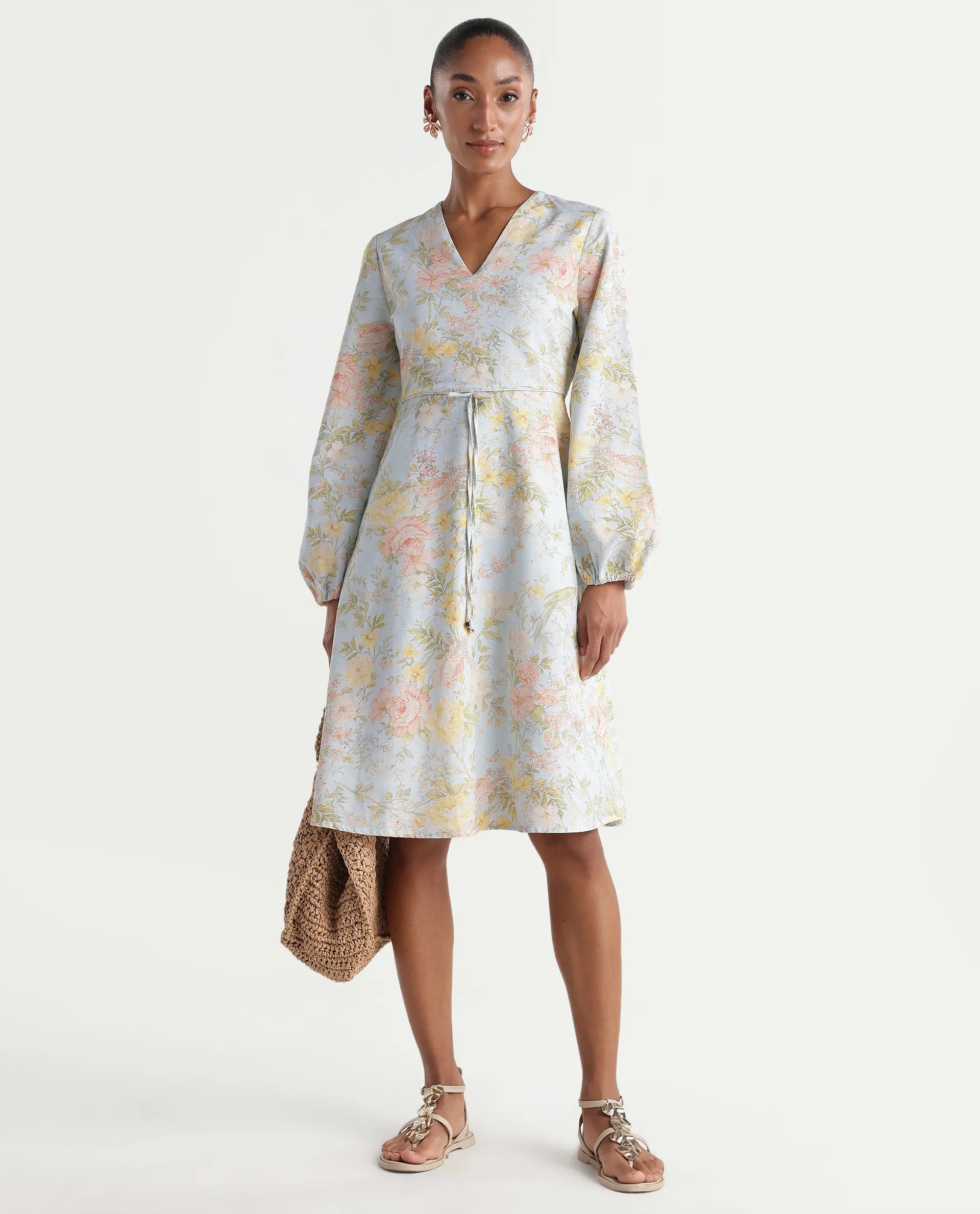 Rareism Women's Ruzim Pastel Blue Viscose Blend Fabric V-Neck Fit And Flare Floral Print Dress