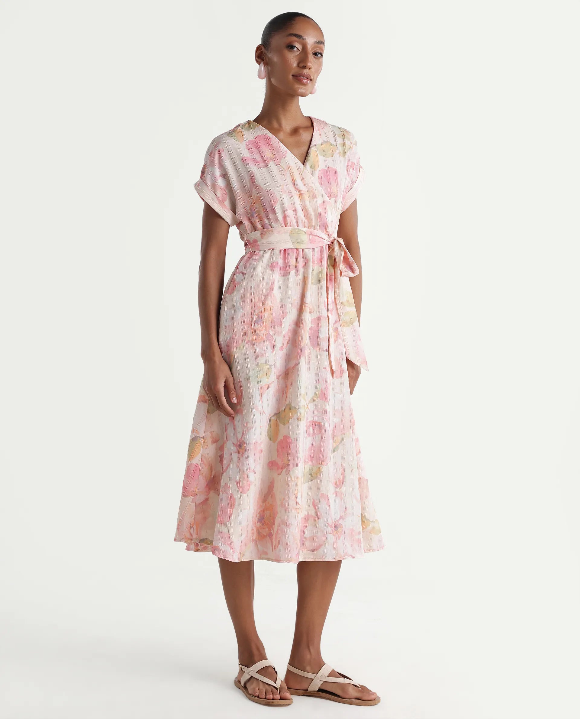 Rareism Women's Valno Light Multi Polyester Fabric Over Lap Flared Floral Print Dress