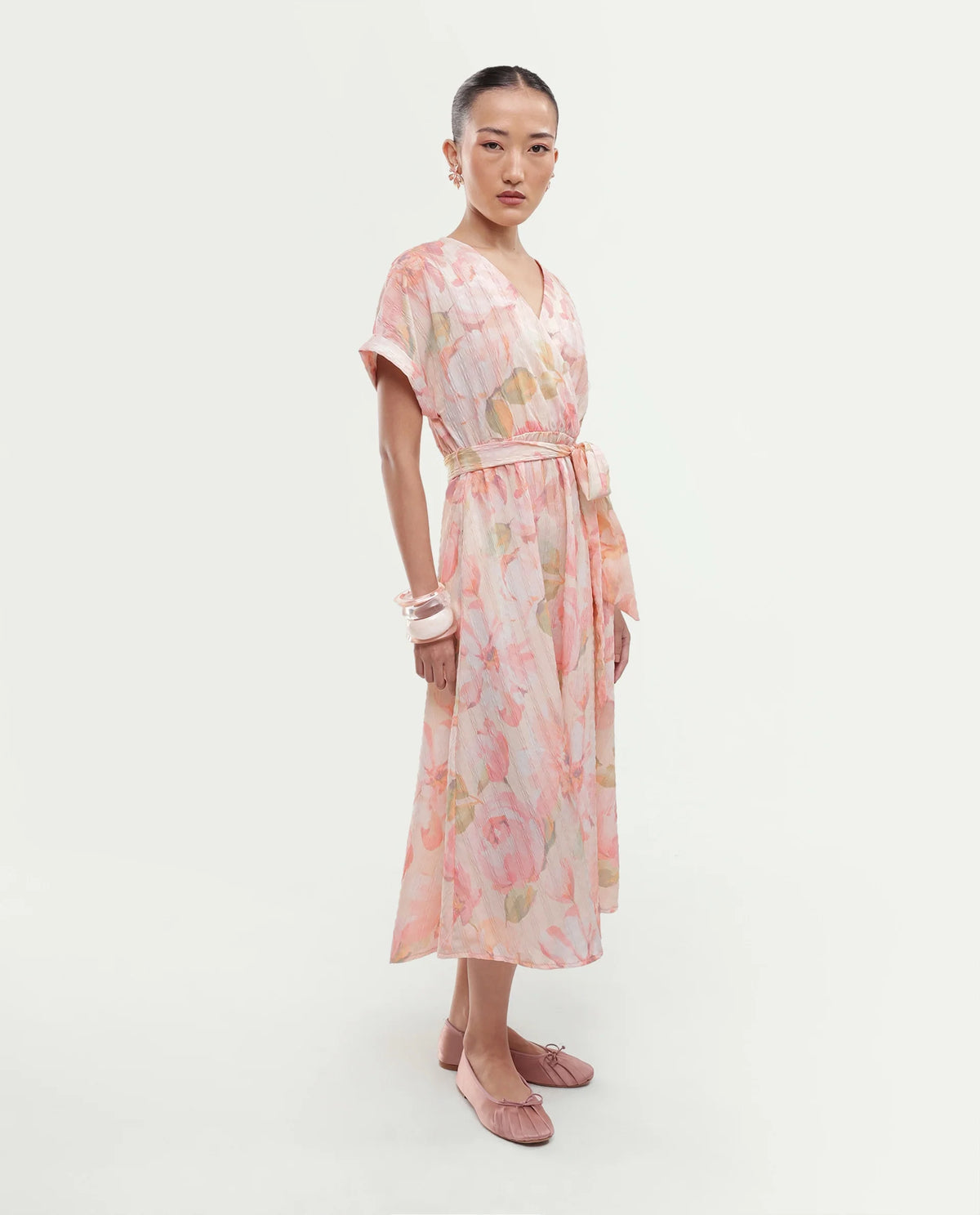 Rareism Women's Valno Light Multi Polyester Fabric Over Lap Flared Floral Print Dress