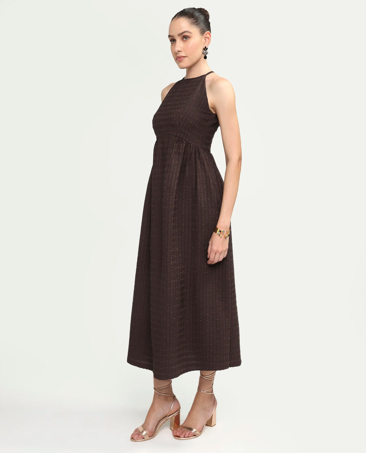 Rareism Women's Veant Brown Polyester Sleeveless Halter Neck Fit And Flare Plain Dress
