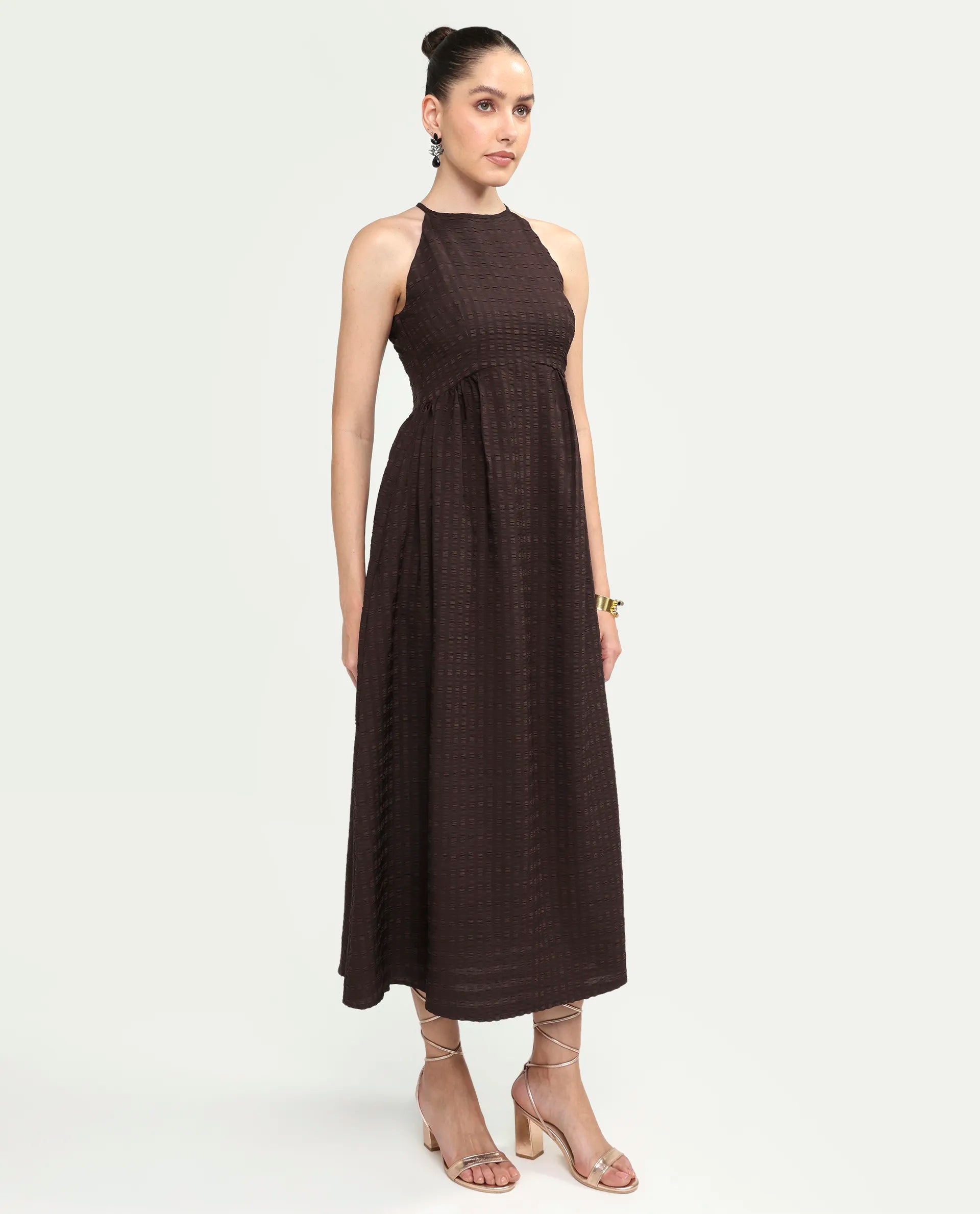 Rareism Women's Veant Brown Polyester Sleeveless Halter Neck Fit And Flare Plain Dress