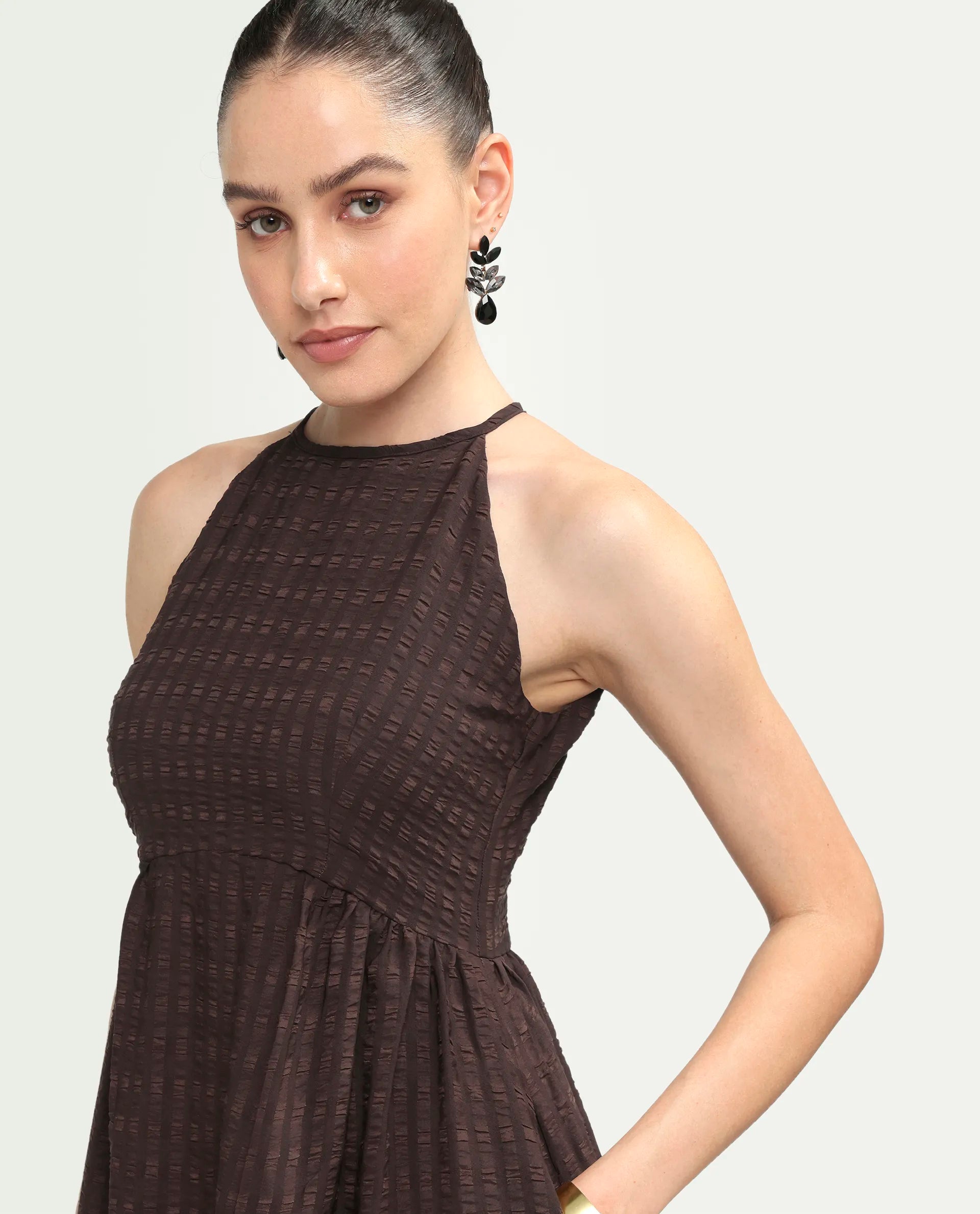 Rareism Women's Veant Brown Polyester Sleeveless Halter Neck Fit And Flare Plain Dress