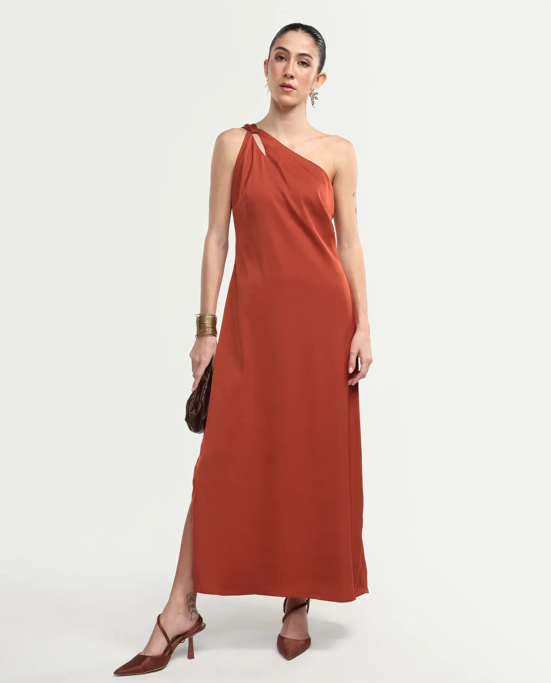Rareism Women's Mrap Rust Polyester Sleeveless One Shoulder Straight Dress