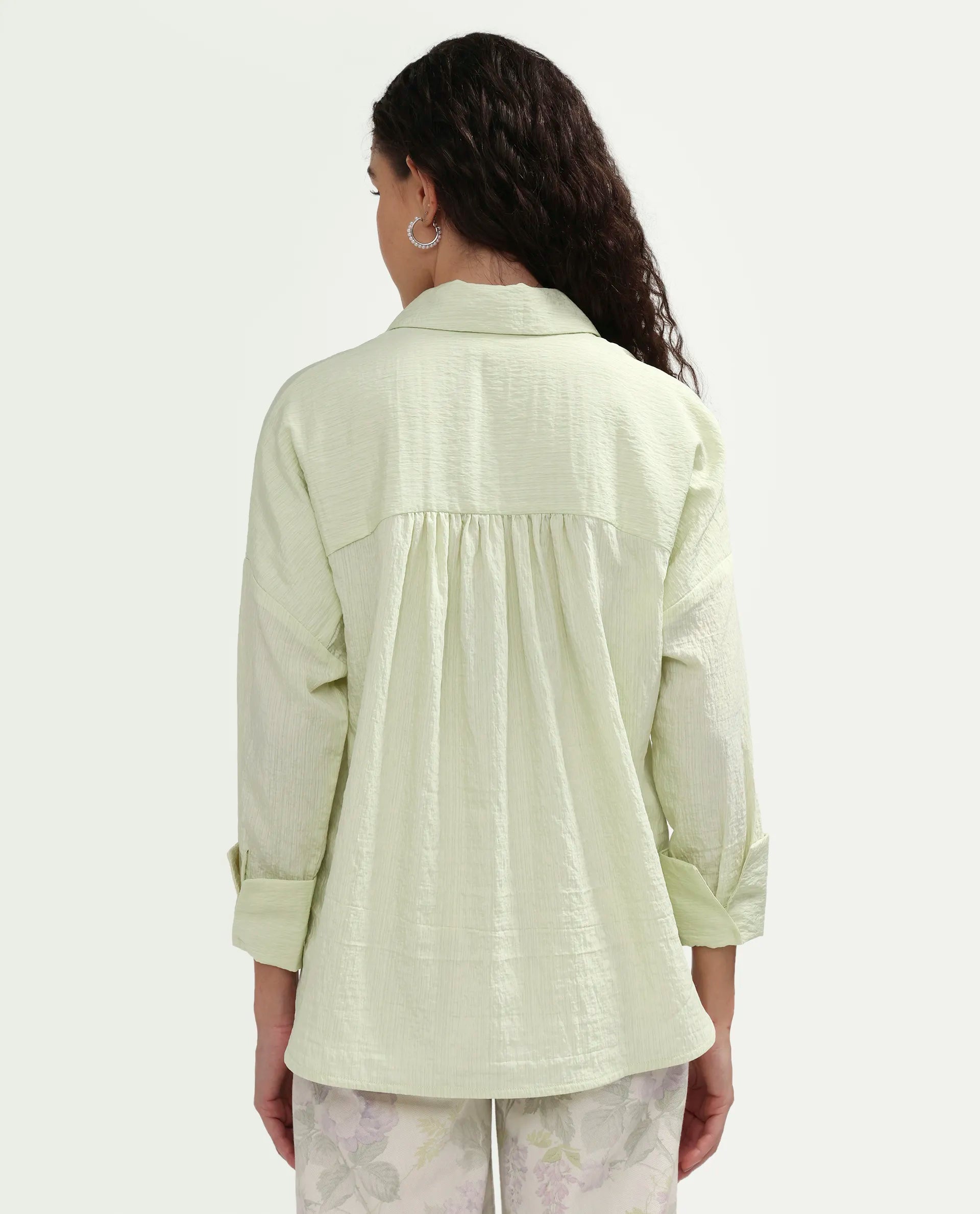 Rareism Women's Davi Light Green Viscose Blend Full Sleeve Collared Relaxed Plain Shirt