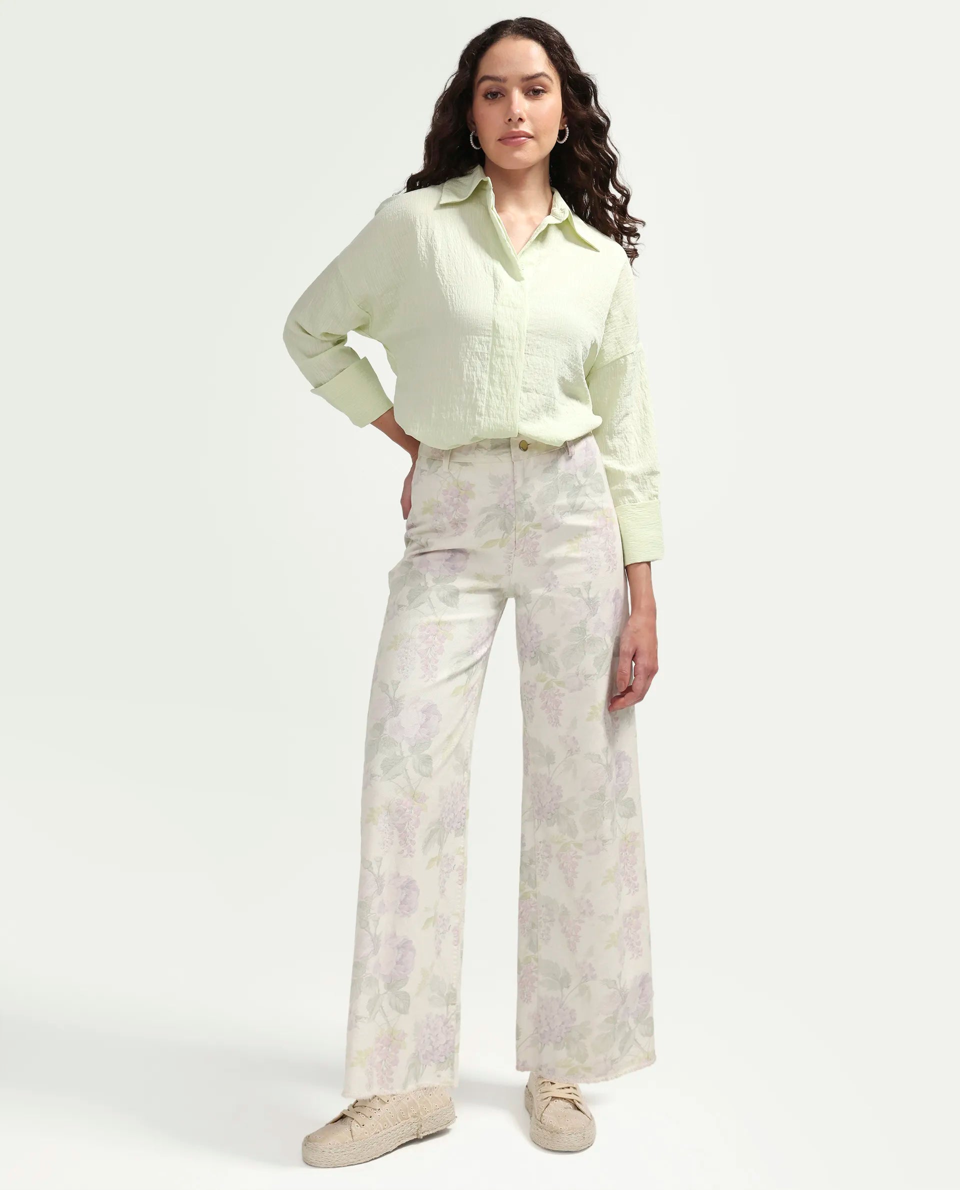 Rareism Women's Davi Light Green Viscose Blend Full Sleeve Collared Relaxed Plain Shirt