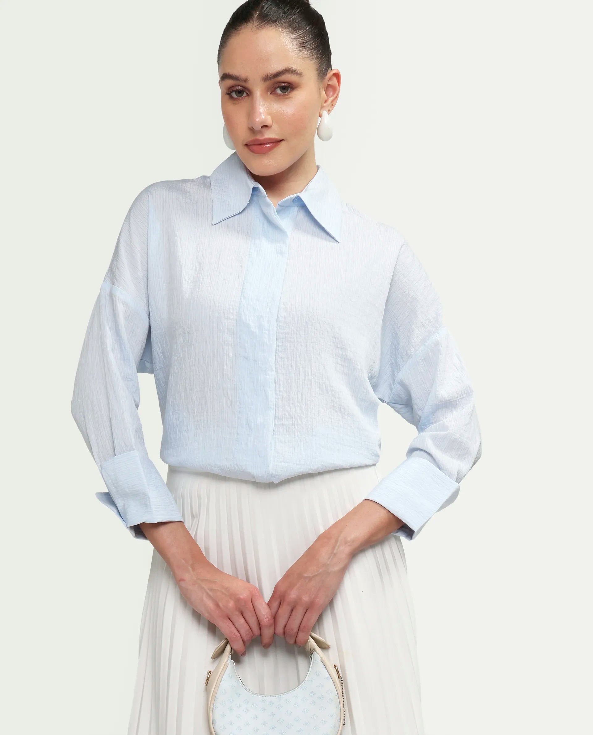 Rareism Women's Davi Light Blue Viscose Blend Full Sleeve Collared Relaxed Plain Shirt